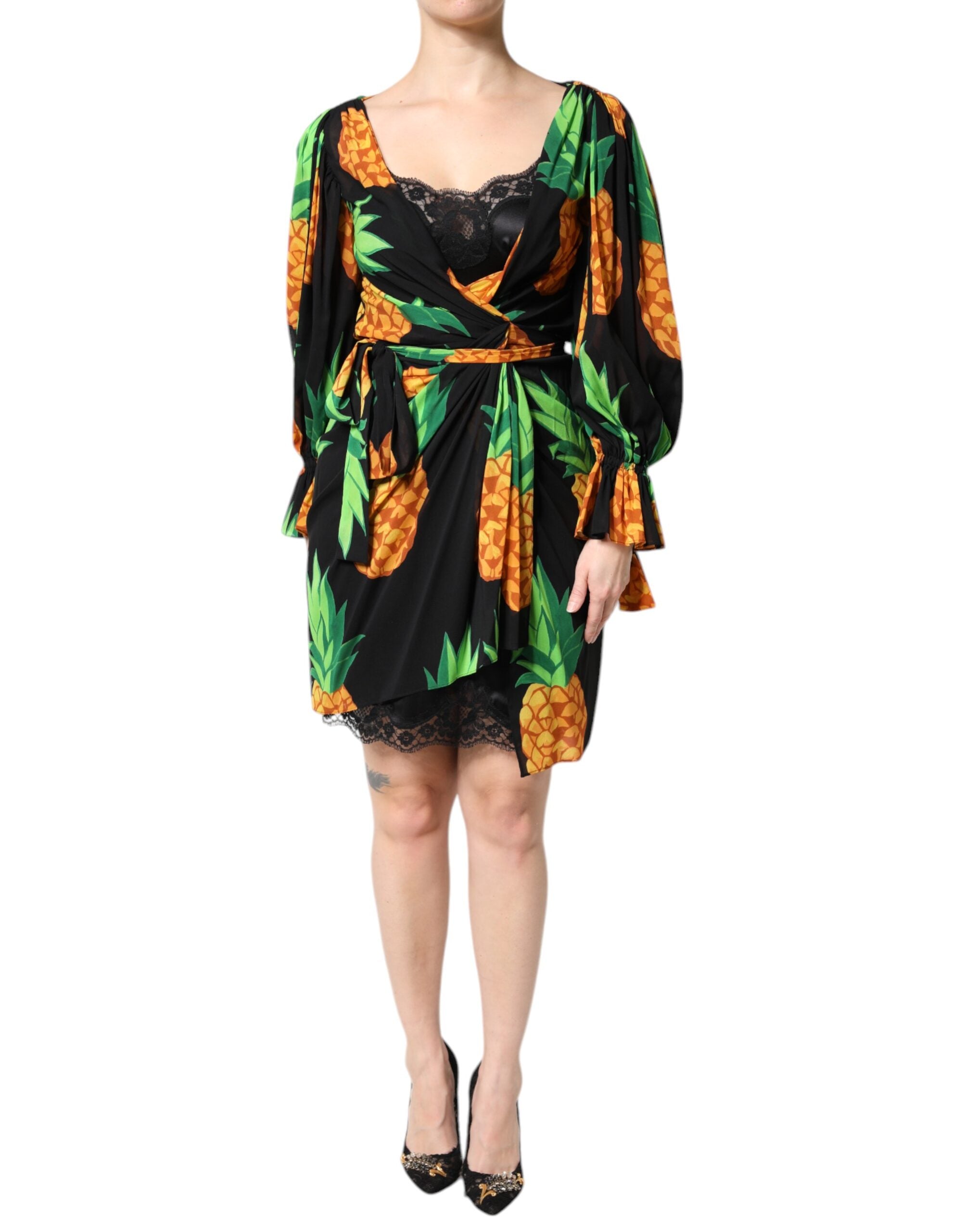 Rochie Dolce &amp; Gabbana neagră din mătase cu imprimeu drapat cu ananas