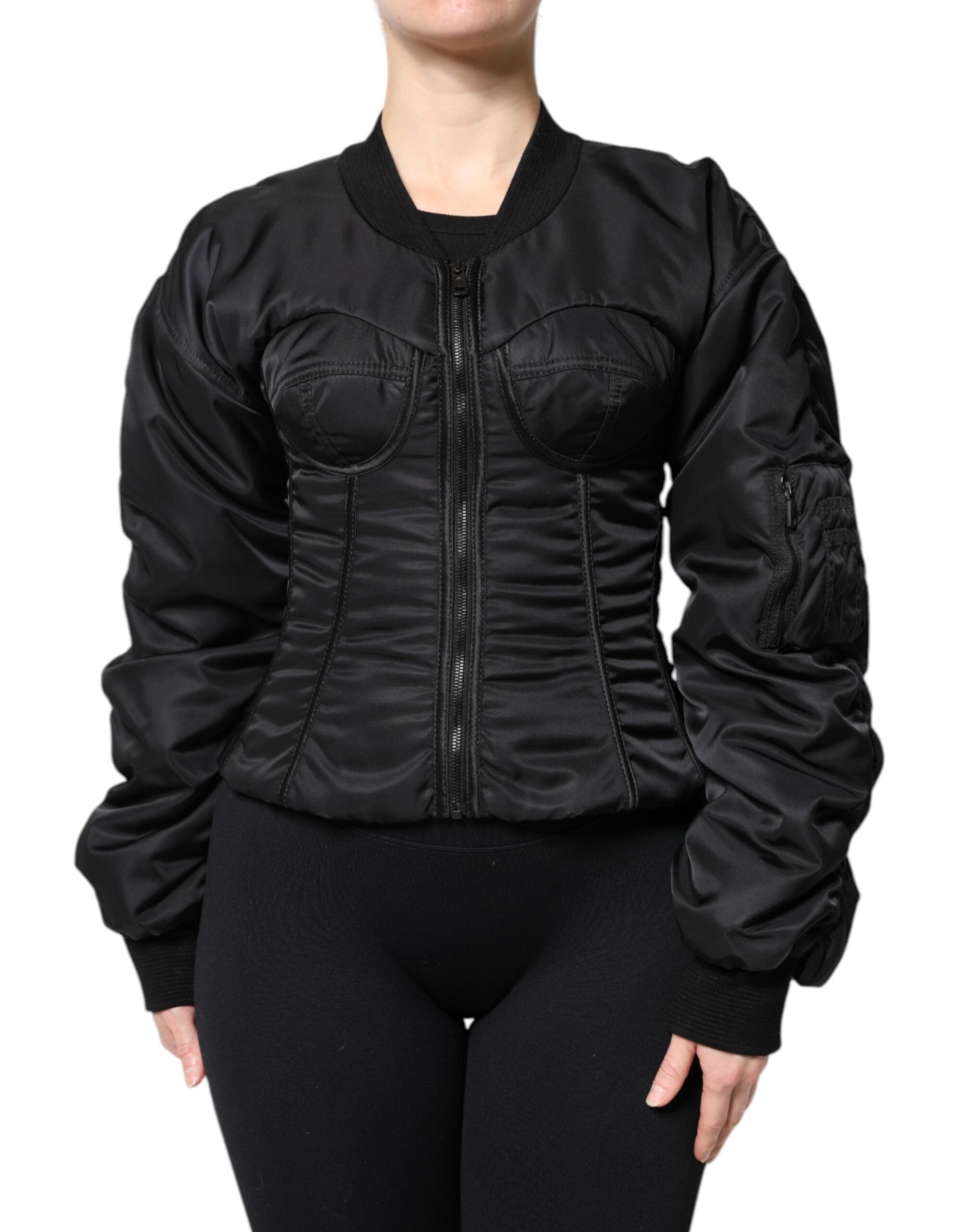 Dolce &amp; Gabbana – Bustier-Korsettjacke aus schwarzem Nylon mit durchgehendem Reißverschluss