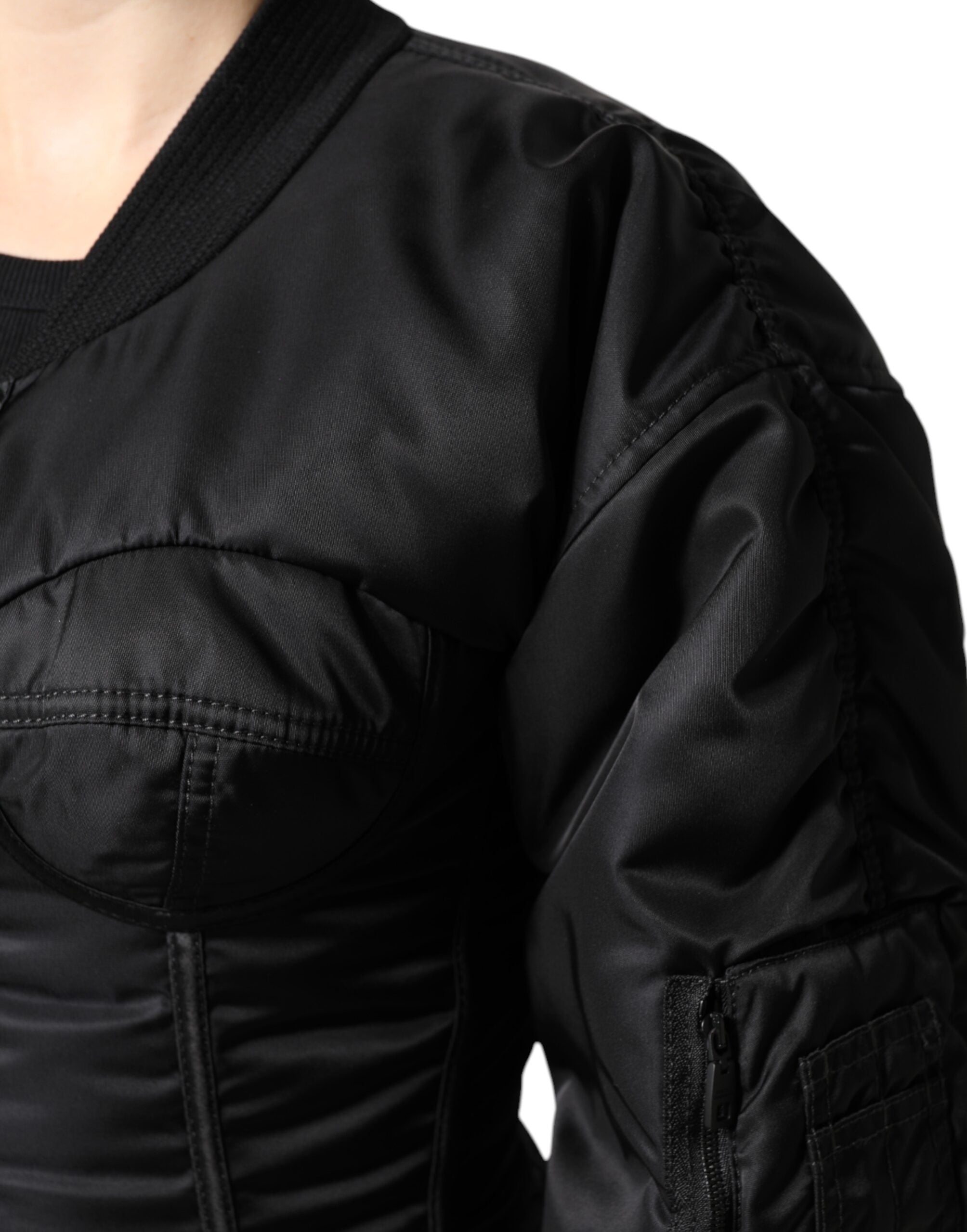 Dolce &amp; Gabbana – Bustier-Korsettjacke aus schwarzem Nylon mit durchgehendem Reißverschluss