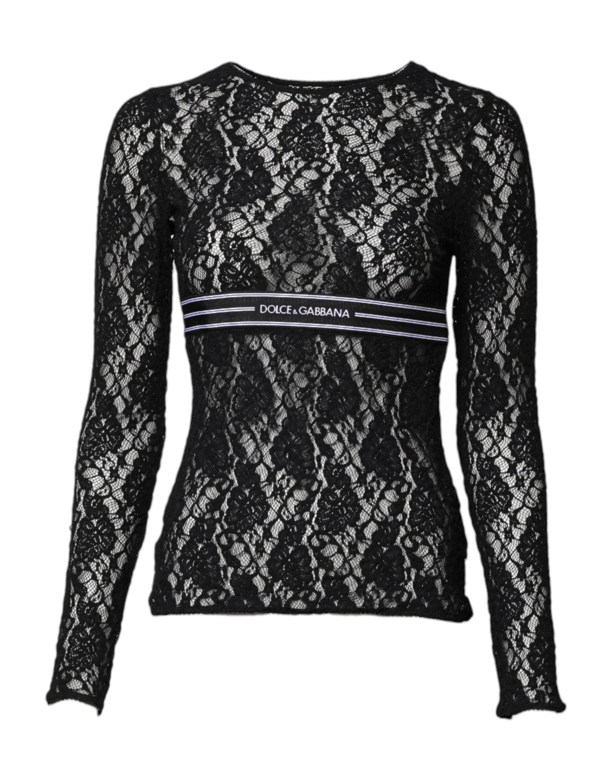 Dolce &amp; Gabbana – Schwarzes Pullover-Oberteil mit Blumenspitze und langen Ärmeln