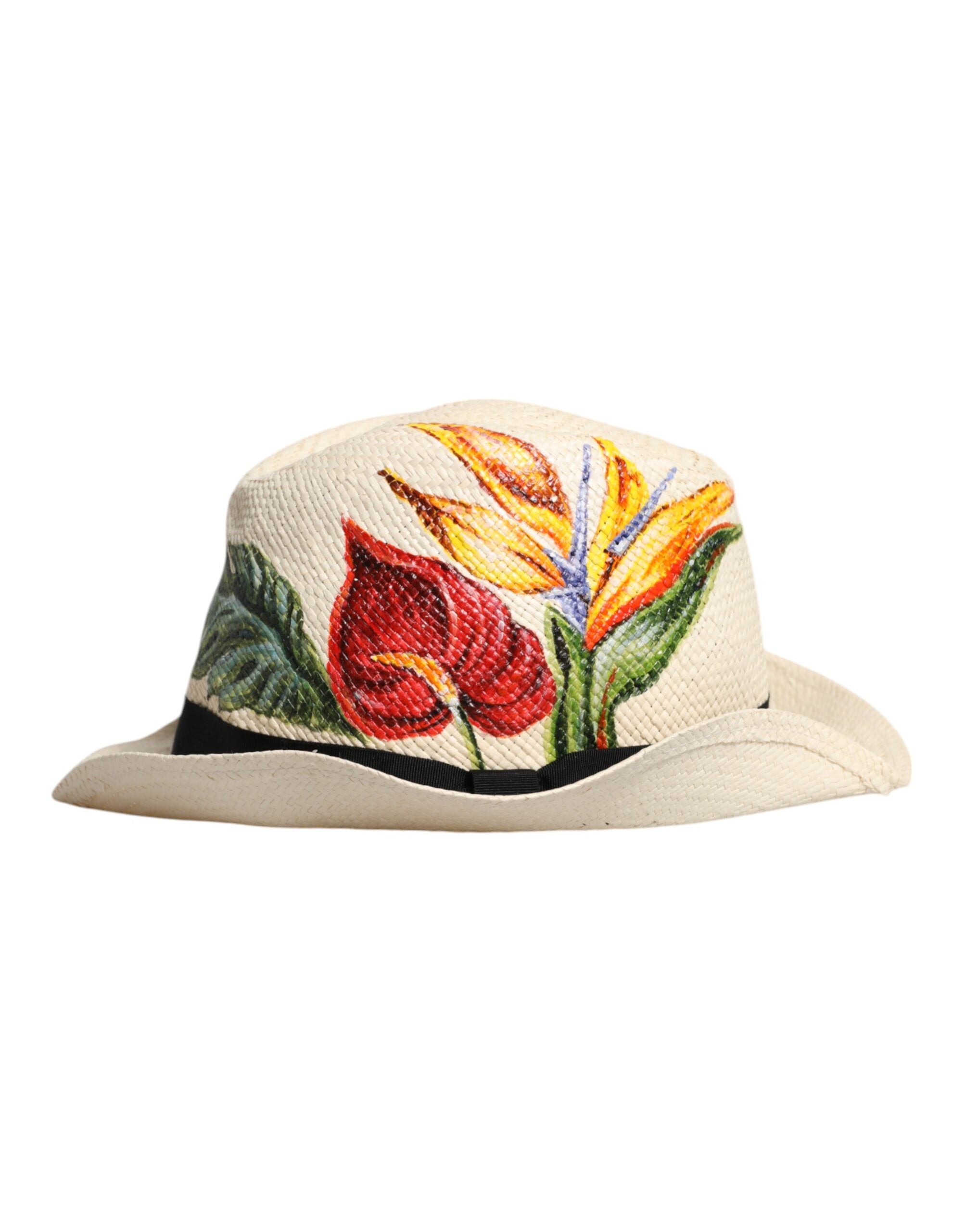 Dolce &amp; Gabbana – Fedora-Hut aus Stroh mit Blumenmuster und breiter Krempe in Beige