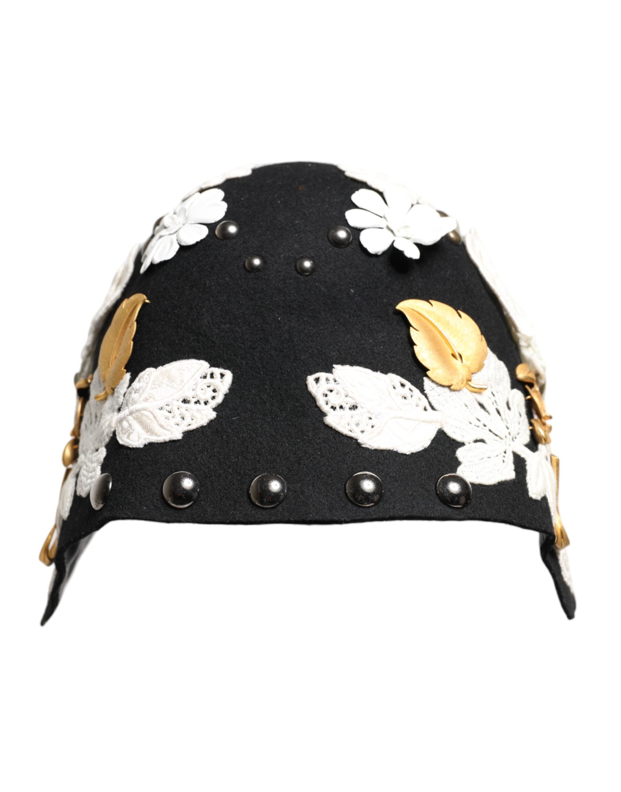 Pălărie Cloche Dolce &amp; Gabbana din lână neagră cu imprimeu floral alb și foiță de auriu