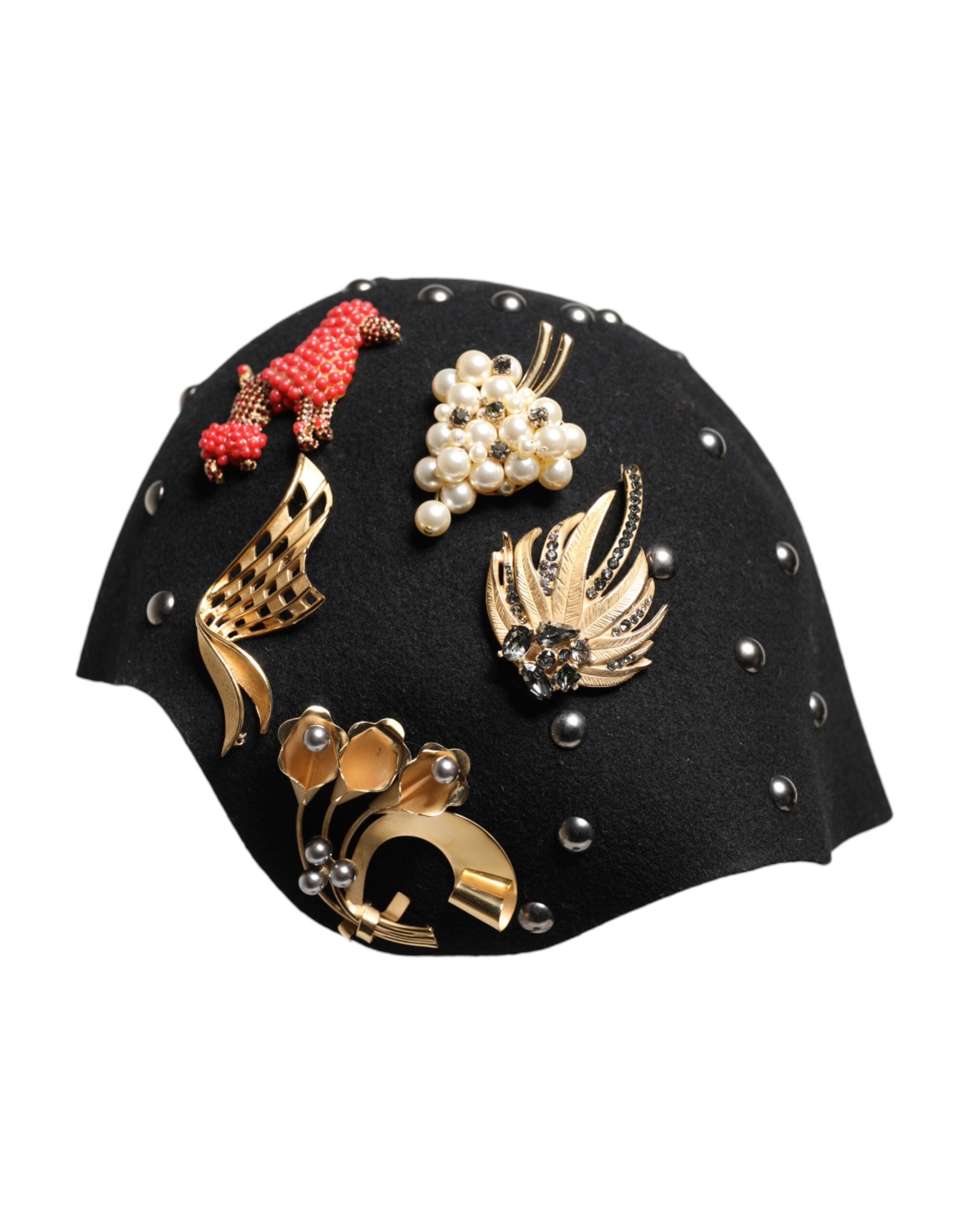 Pălărie Cloche Dolce &amp; Gabbana din lână neagră cu ornament multicolor