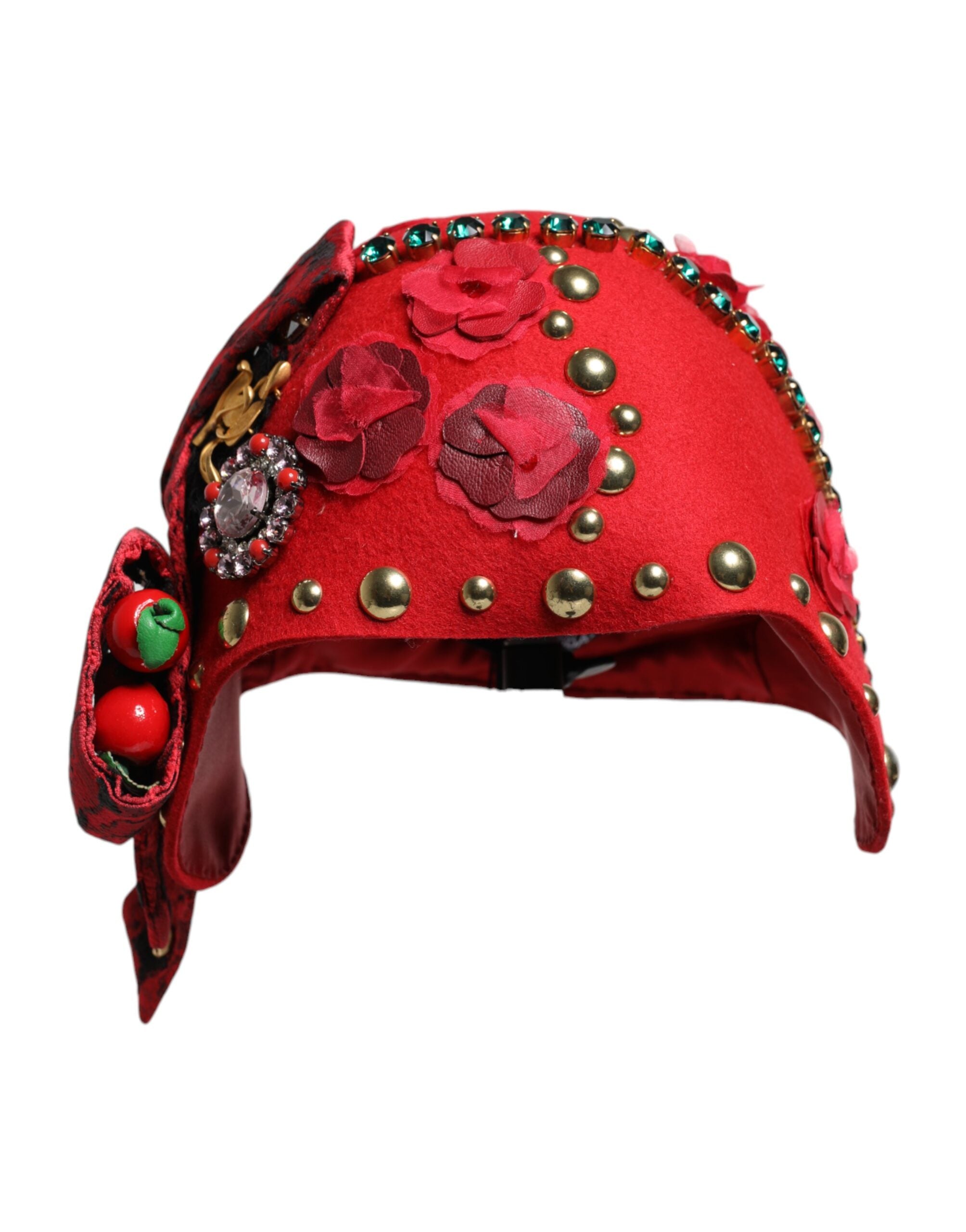 Pălărie Dolce &amp; Gabbana cu broșă și trandafiri aurii și cristale roșii