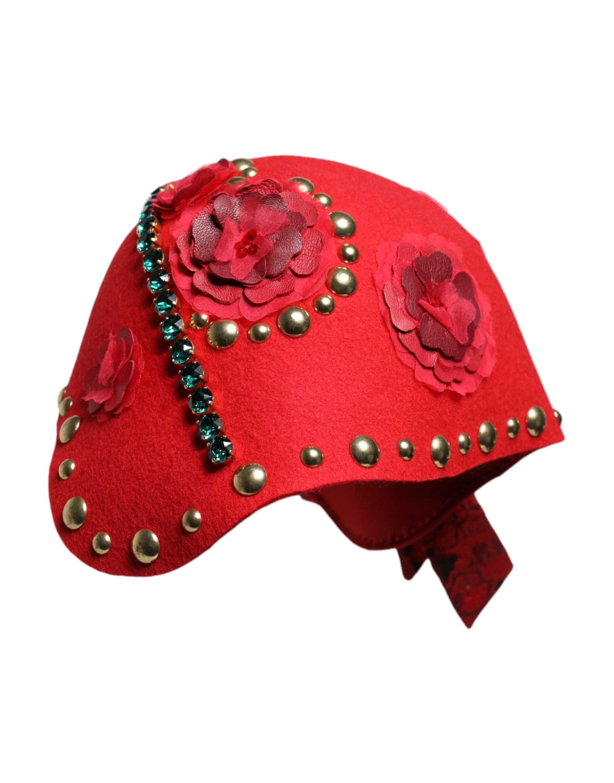 Pălărie Dolce &amp; Gabbana cu broșă și trandafiri aurii și cristale roșii
