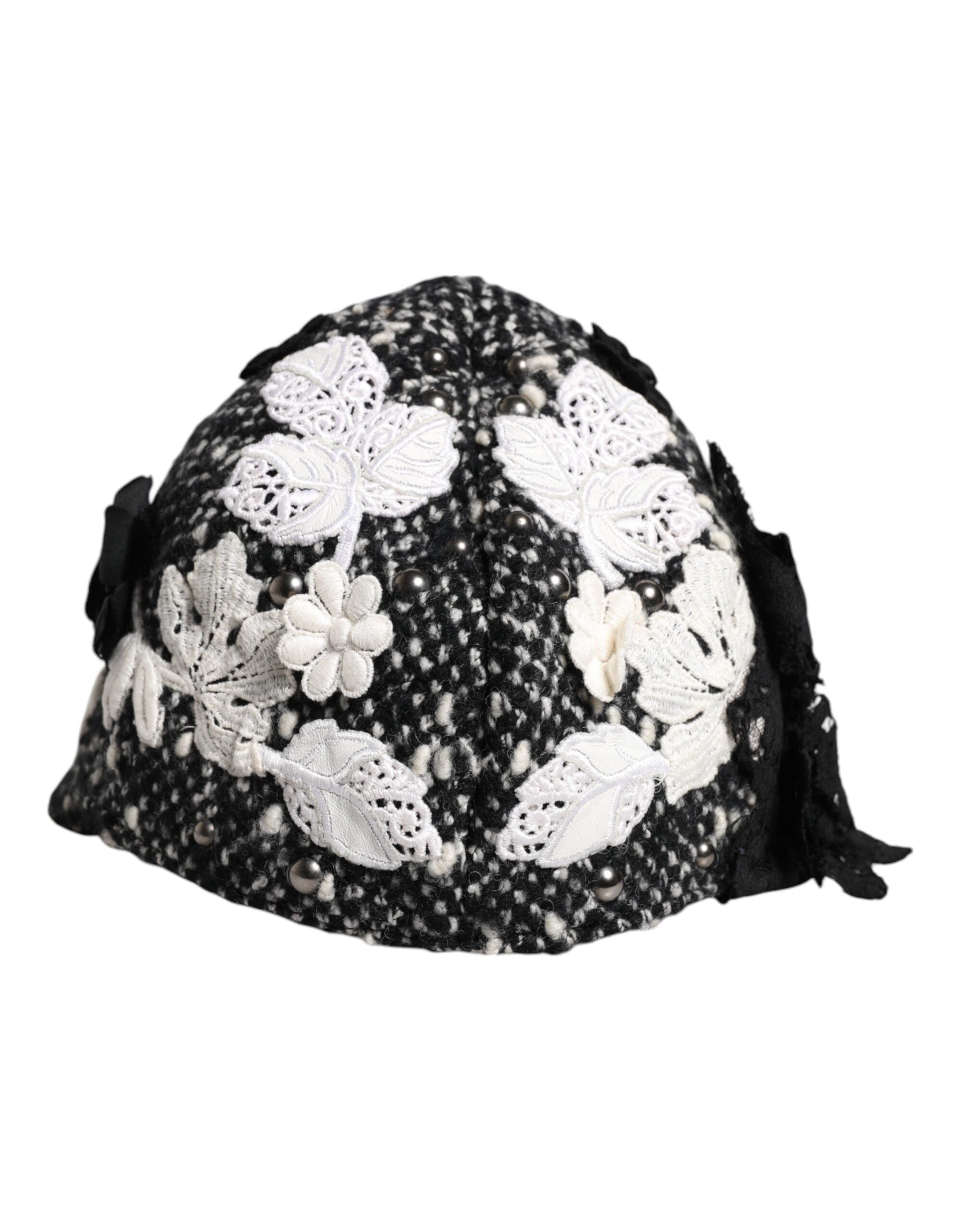 Pălărie Cloche Dolce &amp; Gabbana din lână neagră cu imprimeu floral alb