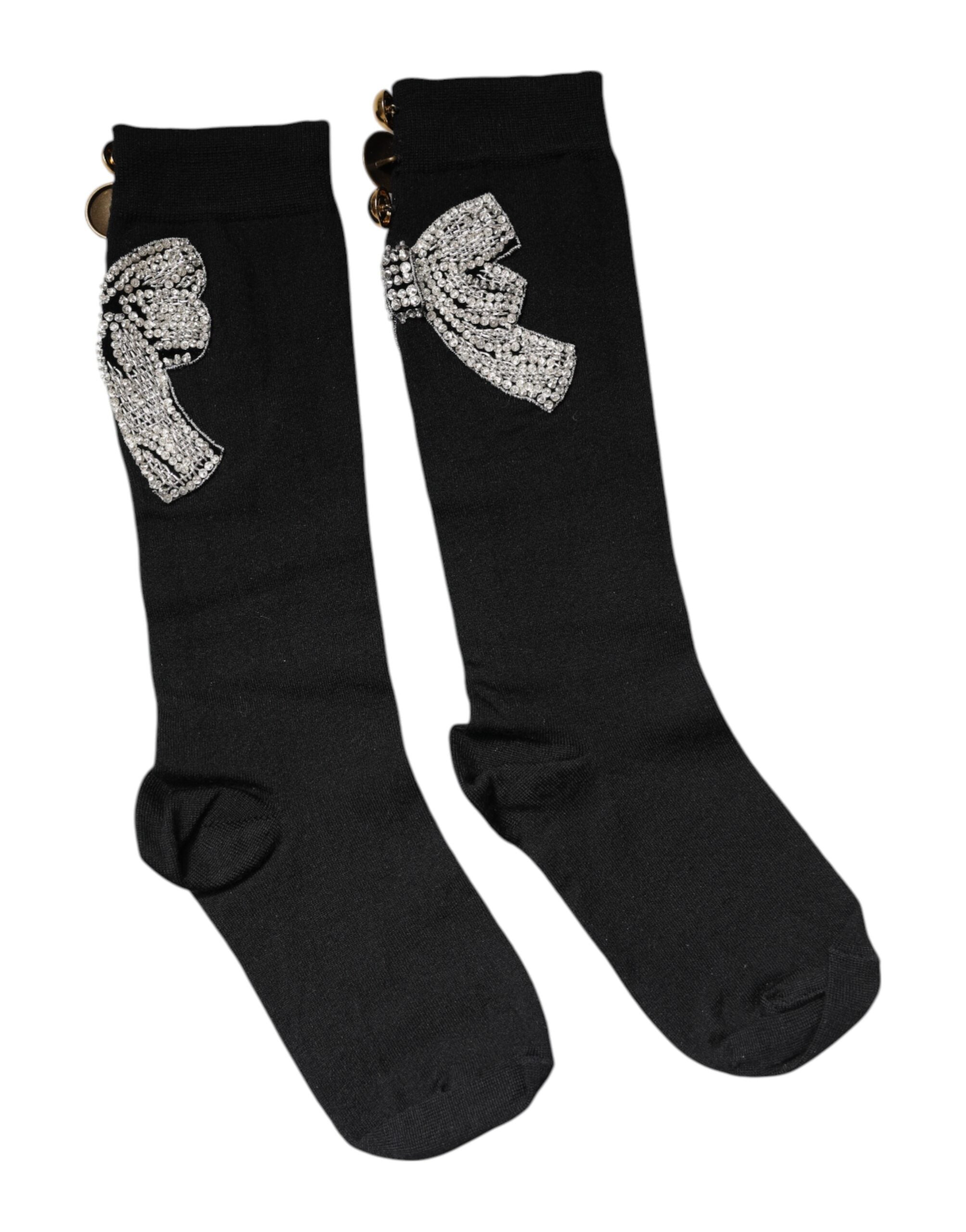 Șosete Dolce &amp; Gabbana negre tricotate cu flori și cristale