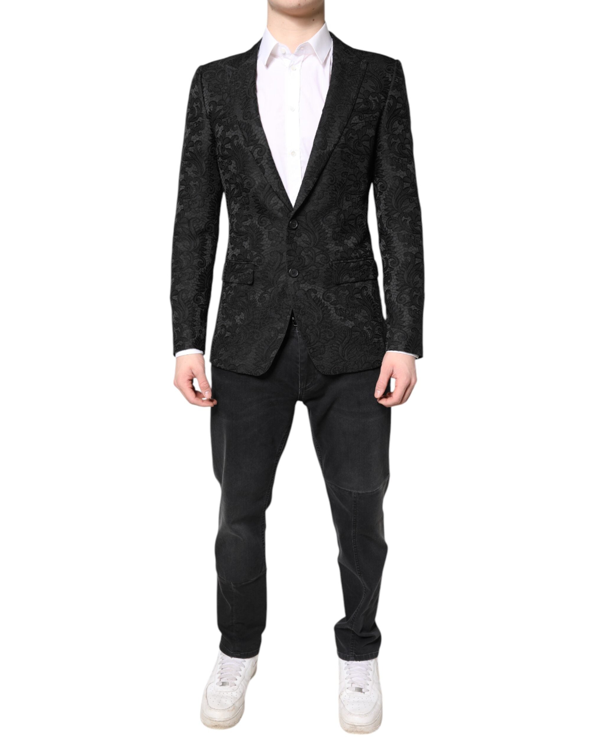 Dolce &amp; Gabbana – Schwarzer Jacquard-Mantel mit Blumenmuster, Jacke und Blazer