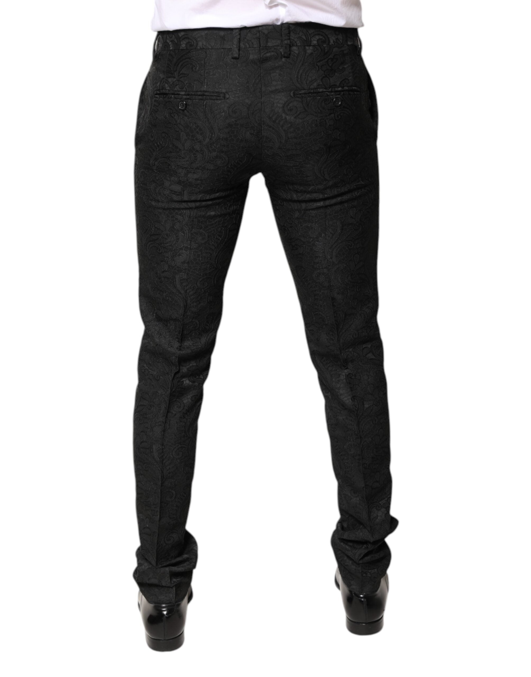 Pantaloni eleganti Dolce &amp; Gabbana negri cu imprimeu floral jacquard și talie medie