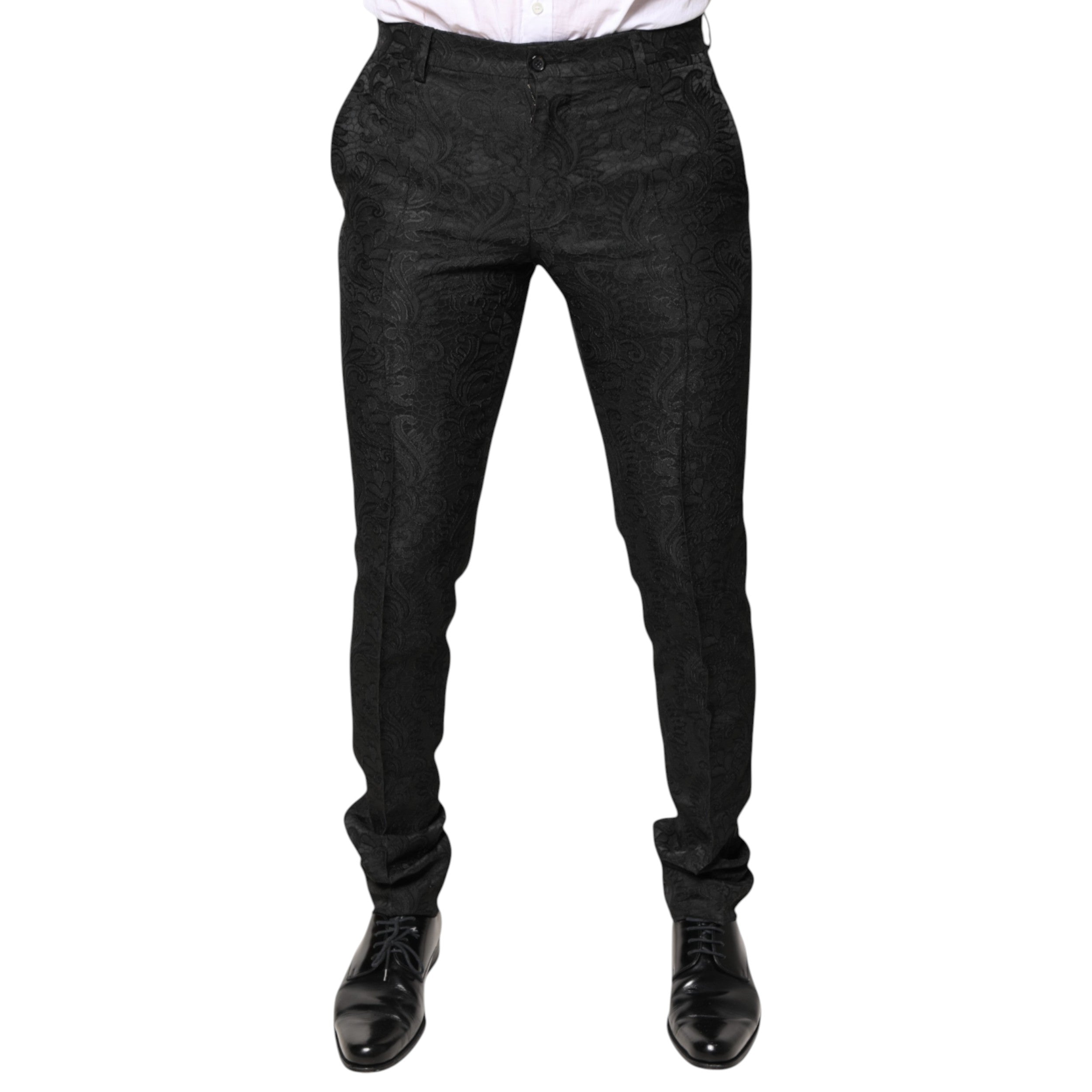 Pantaloni eleganti Dolce &amp; Gabbana negri cu imprimeu floral jacquard și talie medie