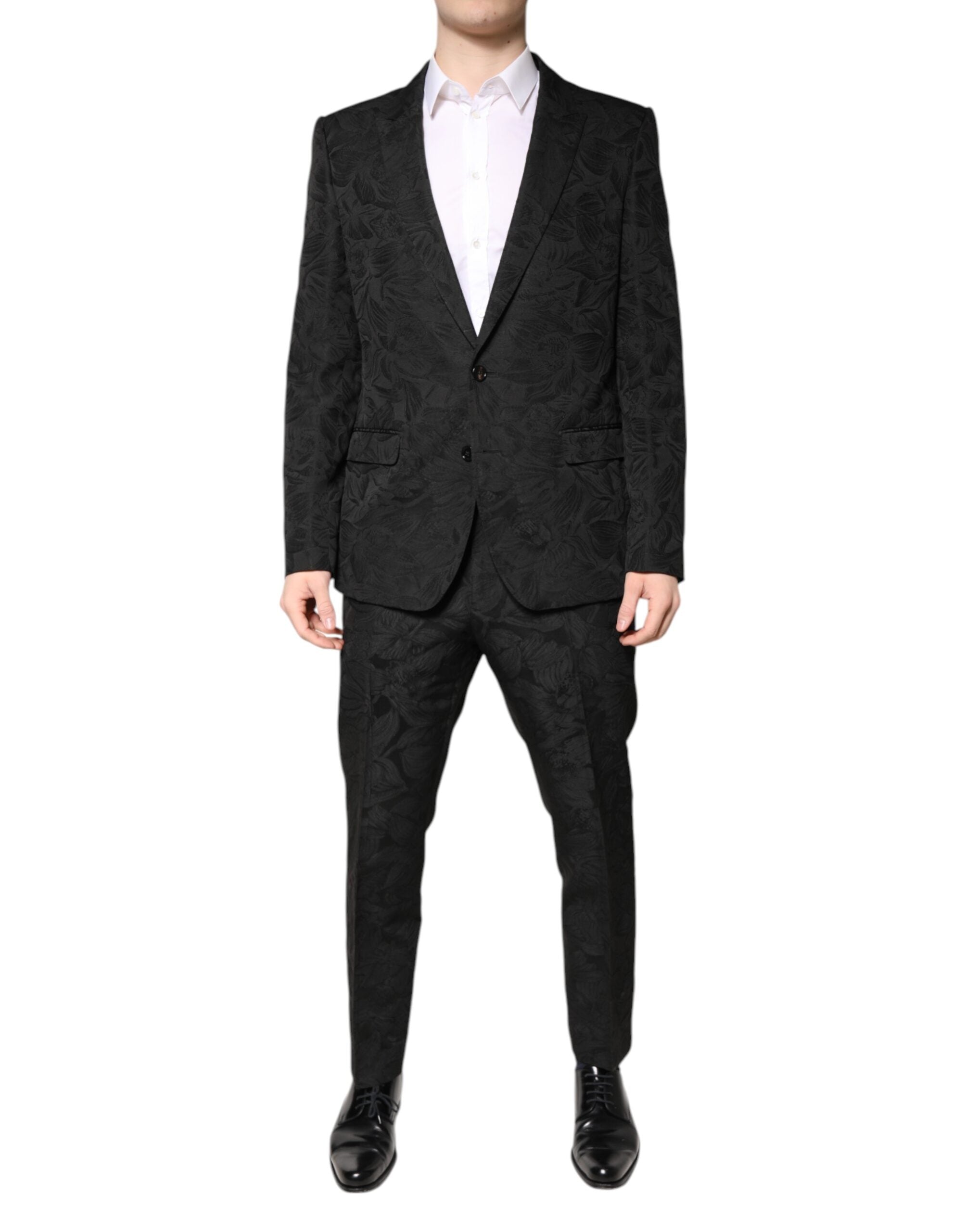 Dolce &amp; Gabbana – Schwarzer, zweiteiliger Anzug aus Polyester-Jacquard mit Blumenmuster