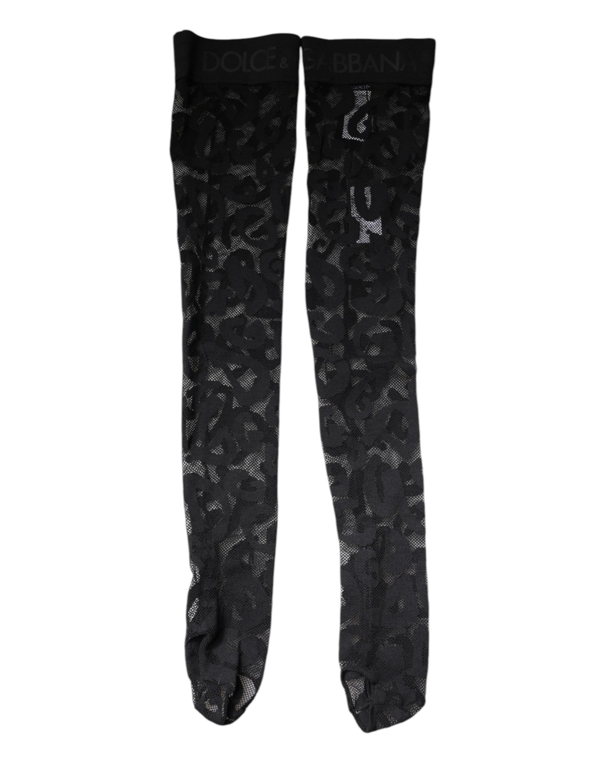 Dolce &amp; Gabbana Schwarze Strümpfe aus Baumwollstrümpfen mit Blumenspitze