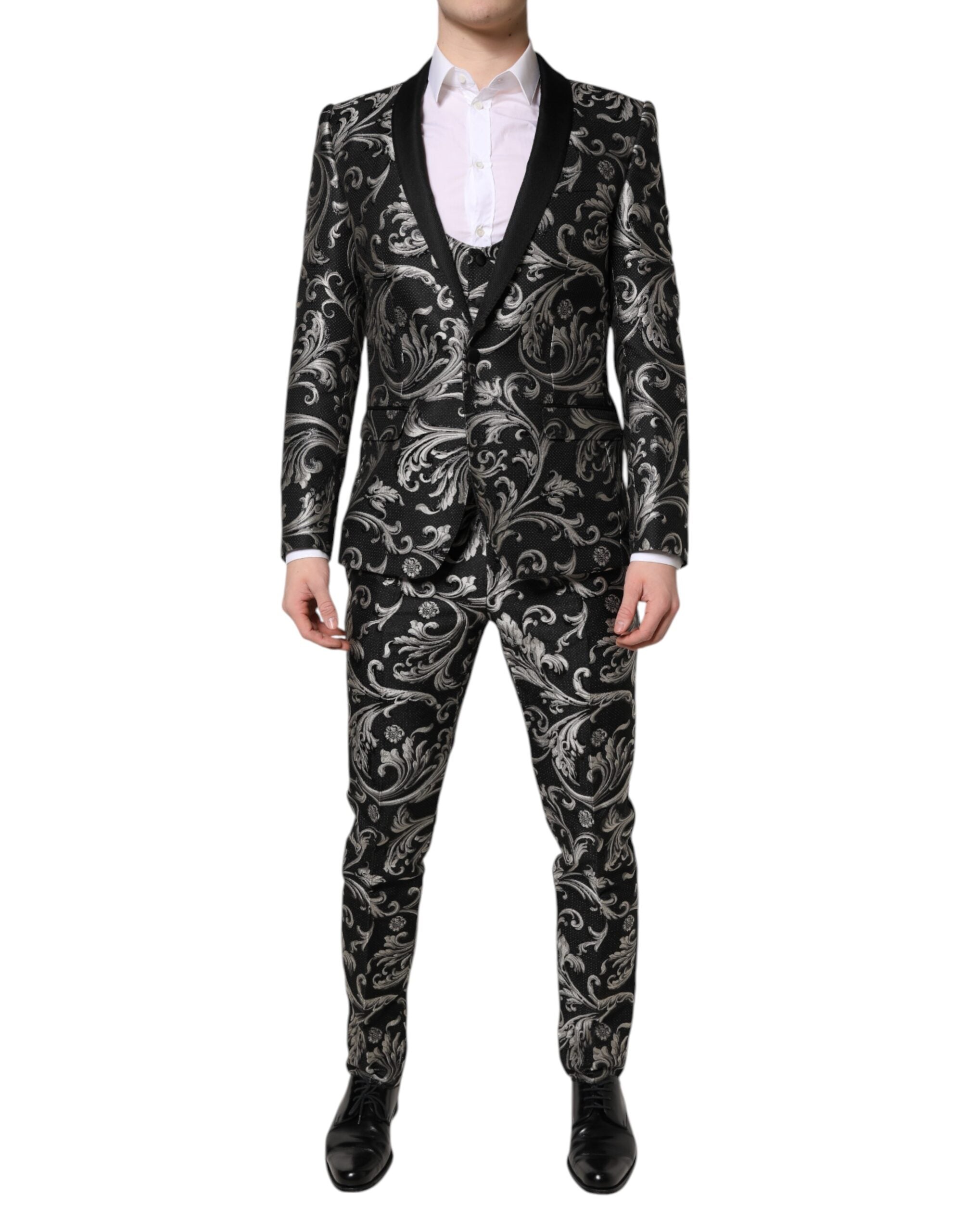 Dolce &amp; Gabbana Schwarz-Grau MARTINI Jacquard Herren 3-teiliger Anzug