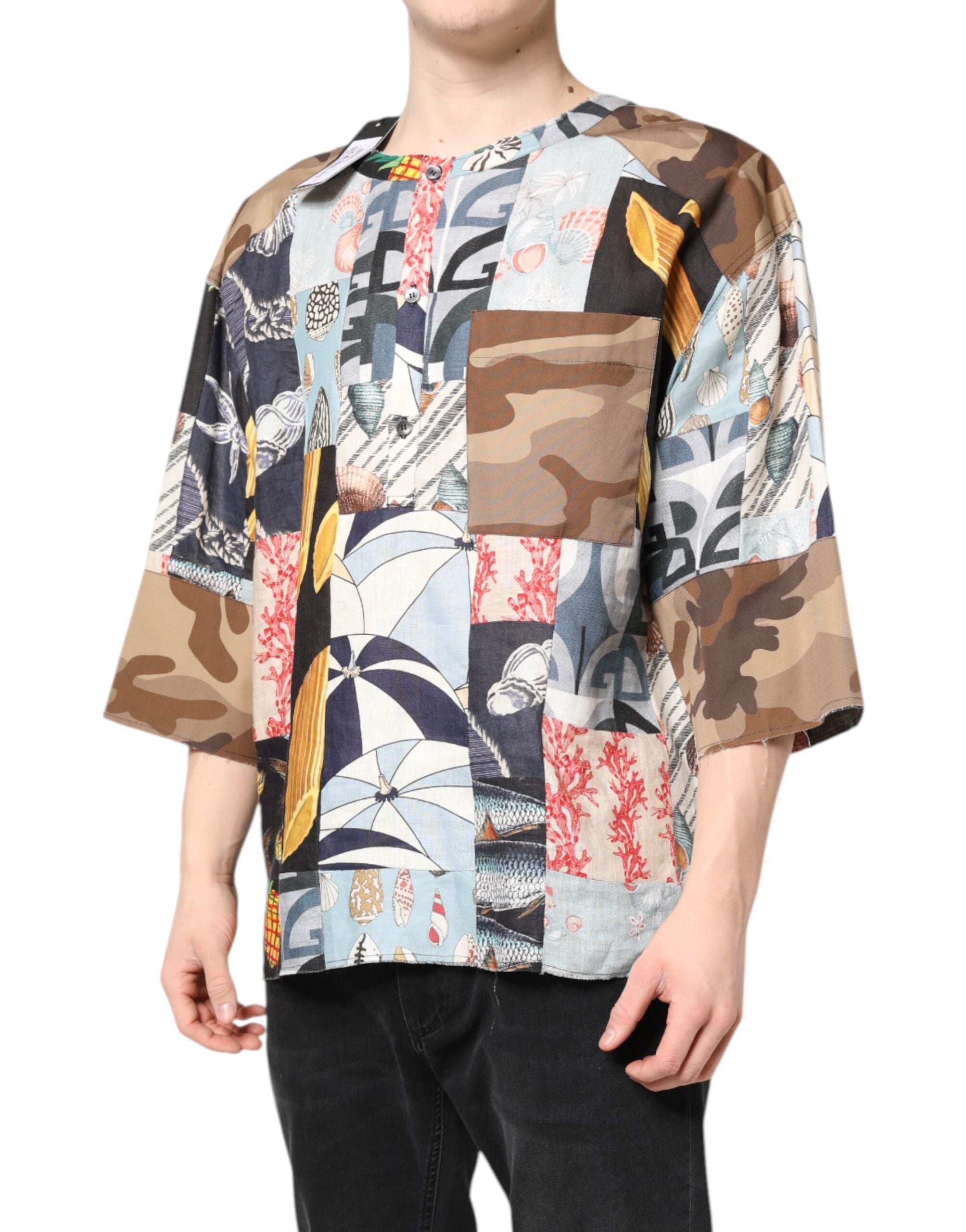 Dolce &amp; Gabbana – Mehrfarbiges Patchwork-Hemd mit kurzen Ärmeln
