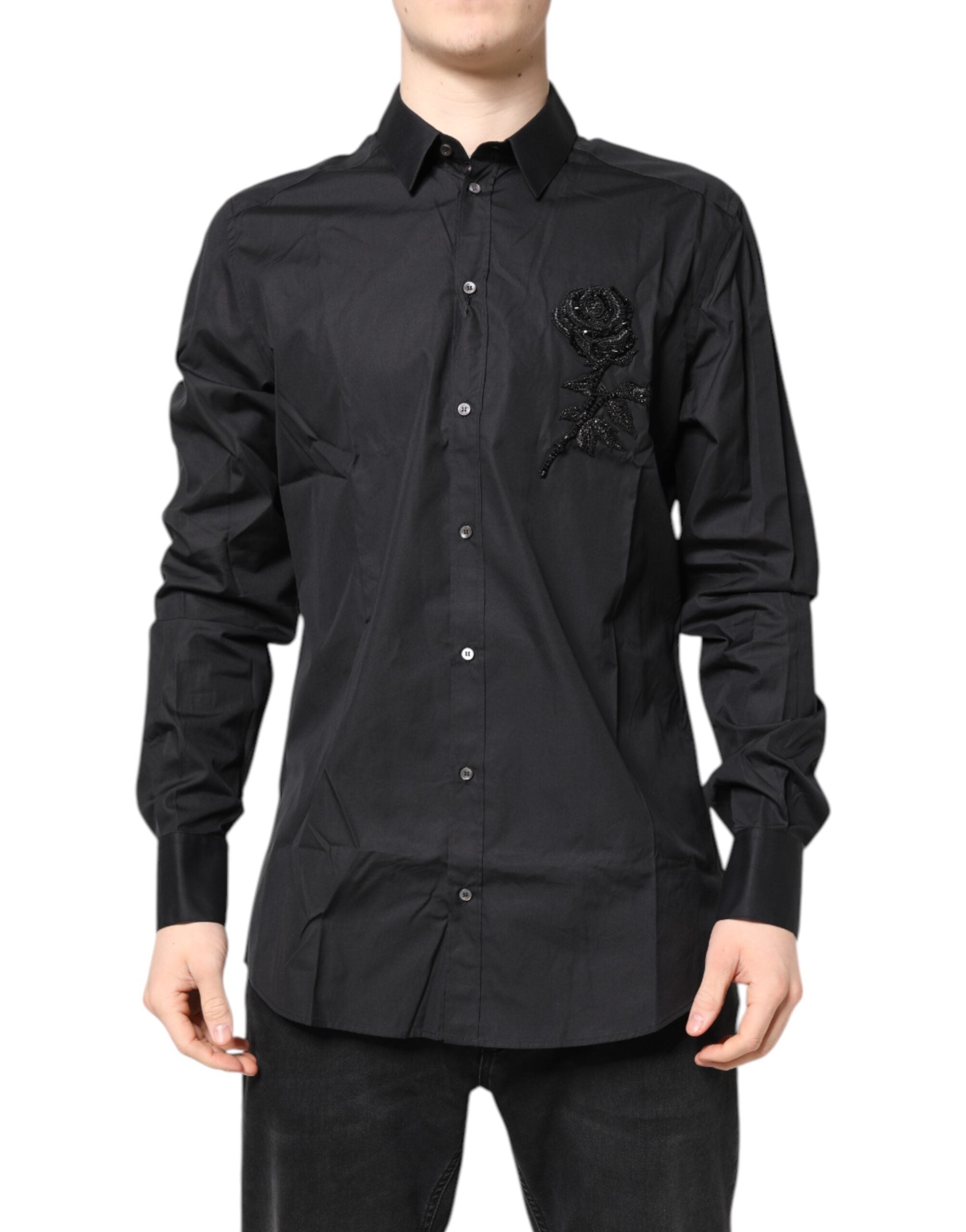 Dolce &amp; Gabbana – Schwarzes, goldenes Baumwollhemd mit Blumenmuster