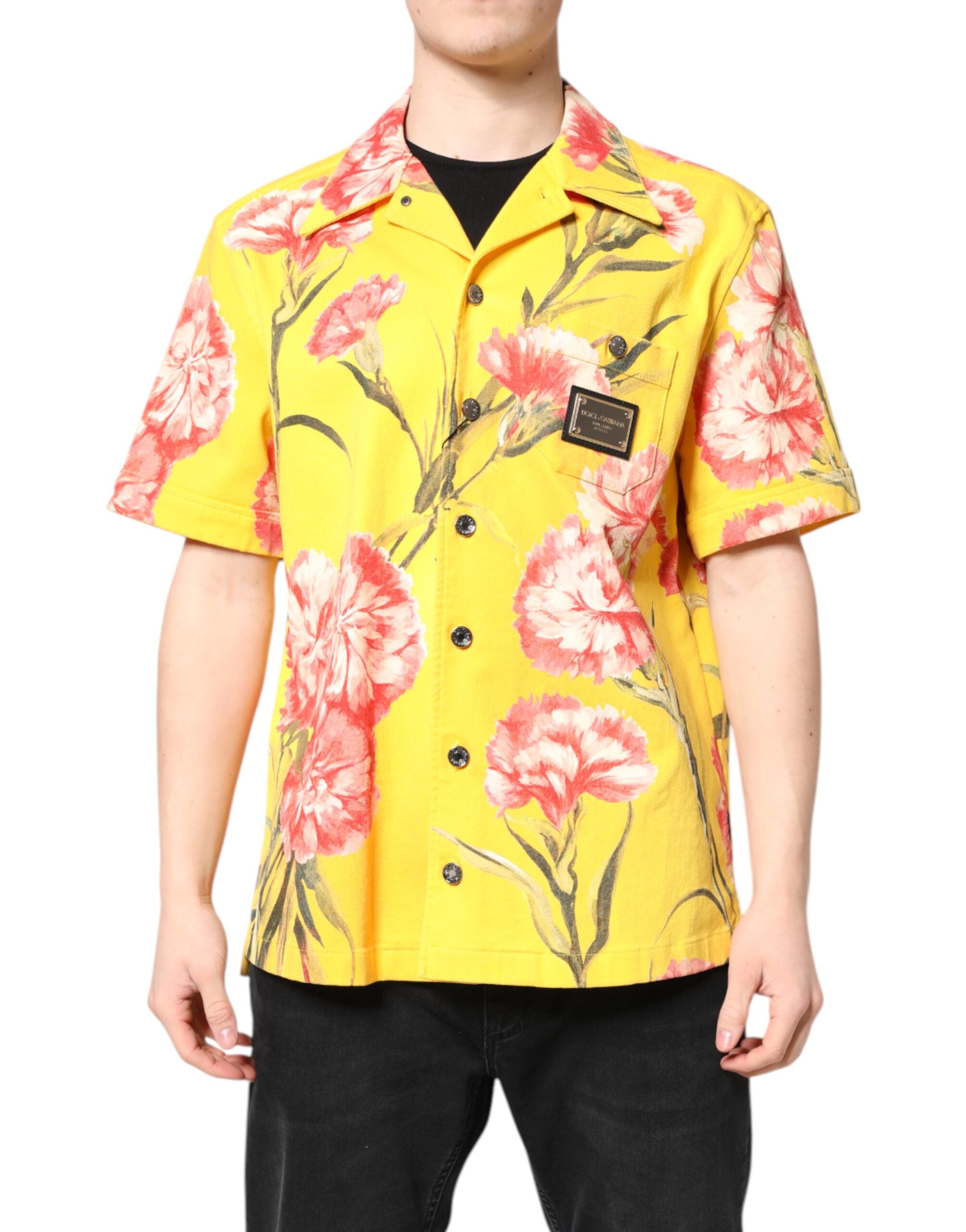 Dolce &amp; Gabbana Gelbes Blumenhemd für Herren mit Button-Down-Kragen