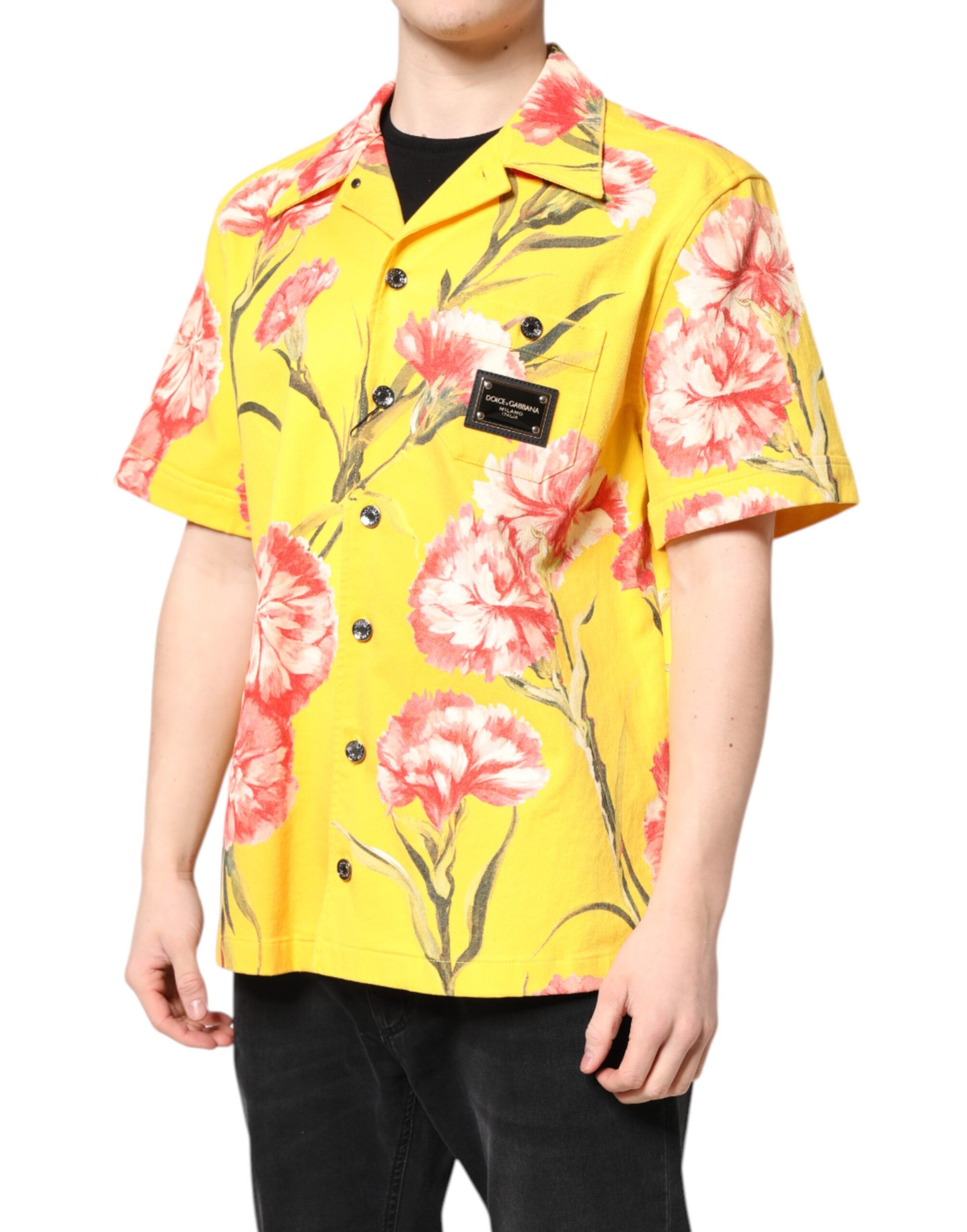 Dolce &amp; Gabbana Gelbes Blumenhemd für Herren mit Button-Down-Kragen