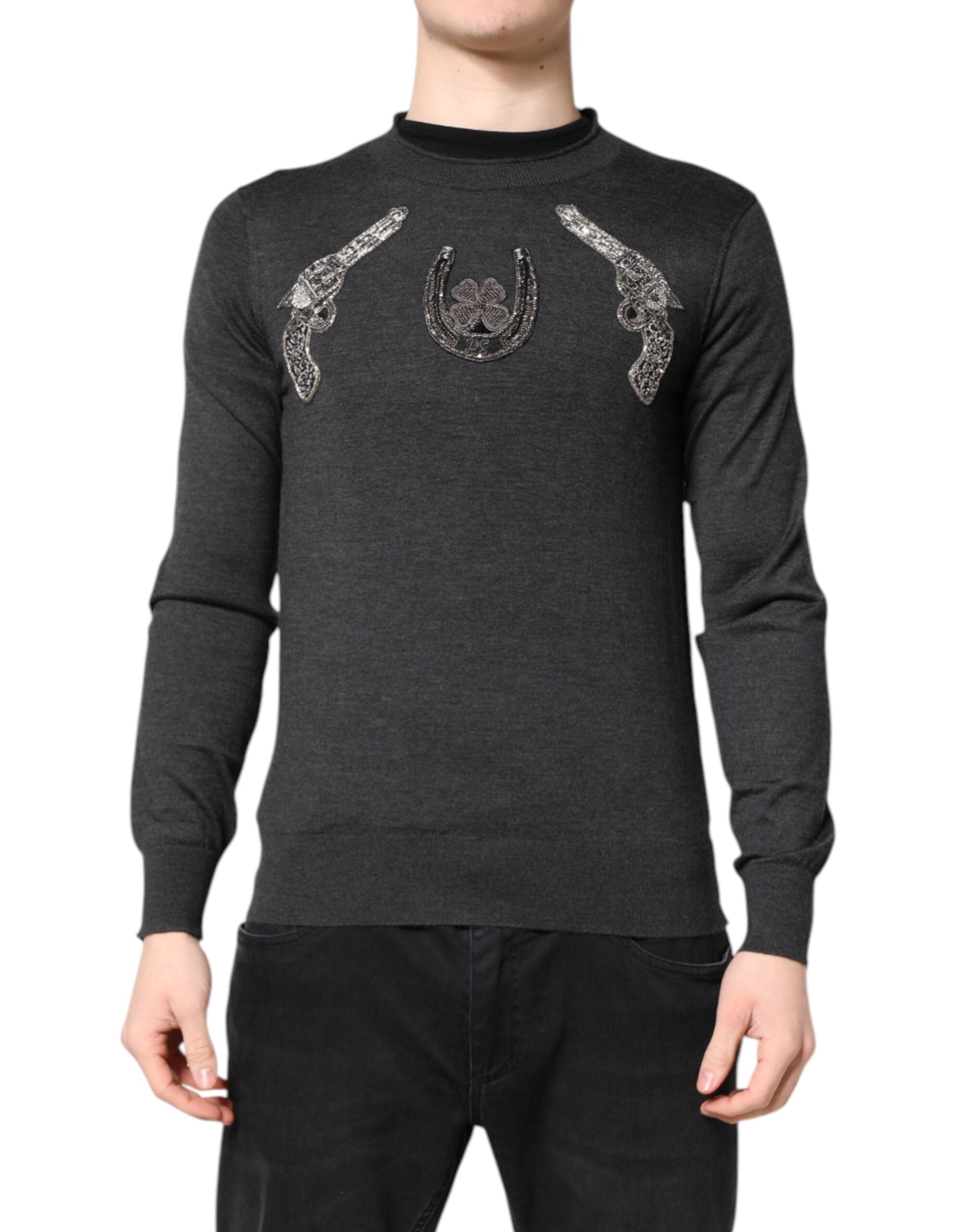 Pulover Dolce &amp; Gabbana Gri cu Broderie Tricotat pentru Bărbați