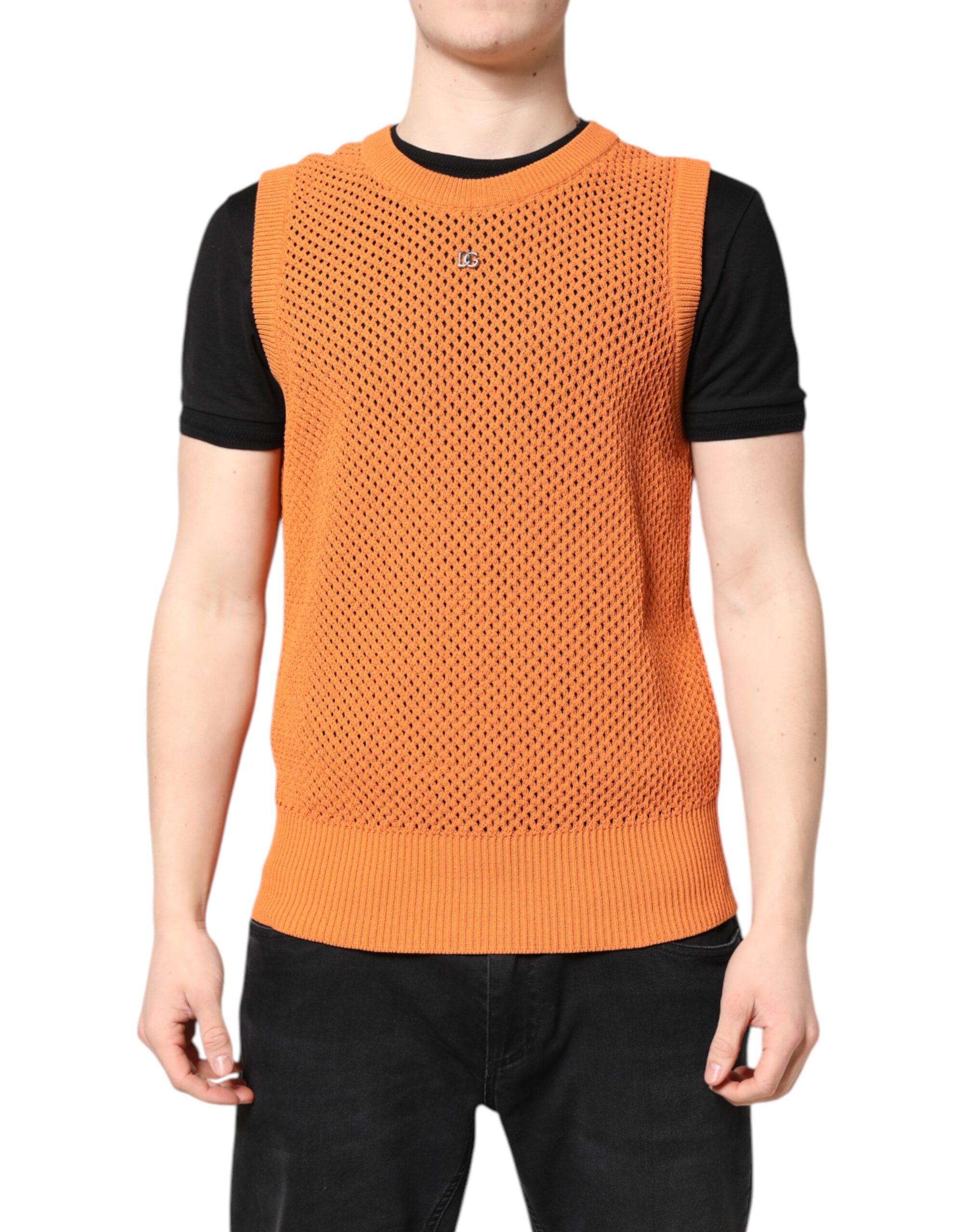 Dolce &amp; Gabbana – Orangefarbenes, ärmelloses T-Shirt aus Kaschmir mit Rundhalsausschnitt