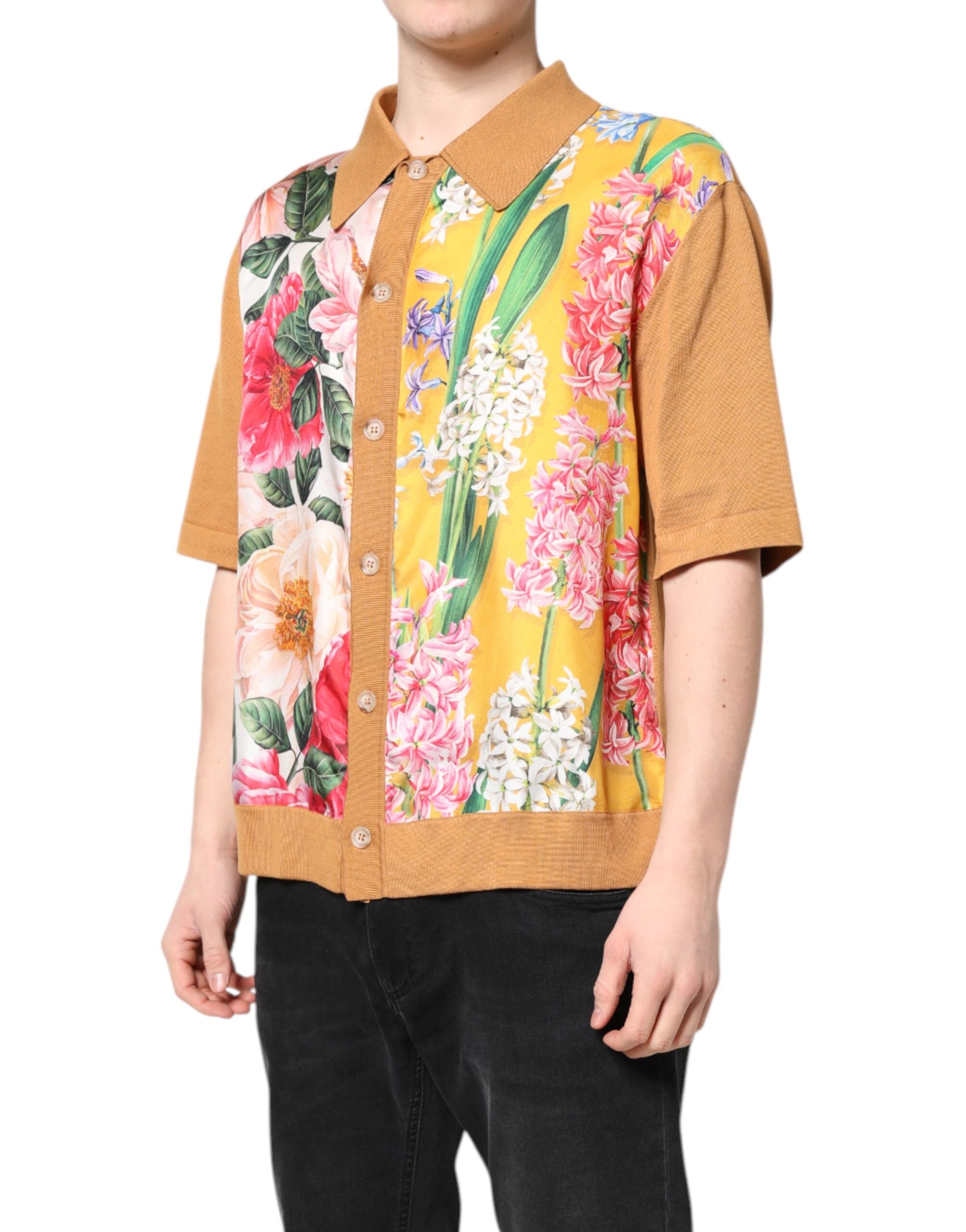 Tricou Dolce &amp; Gabbana maro cu mânecă scurtă și guler floral