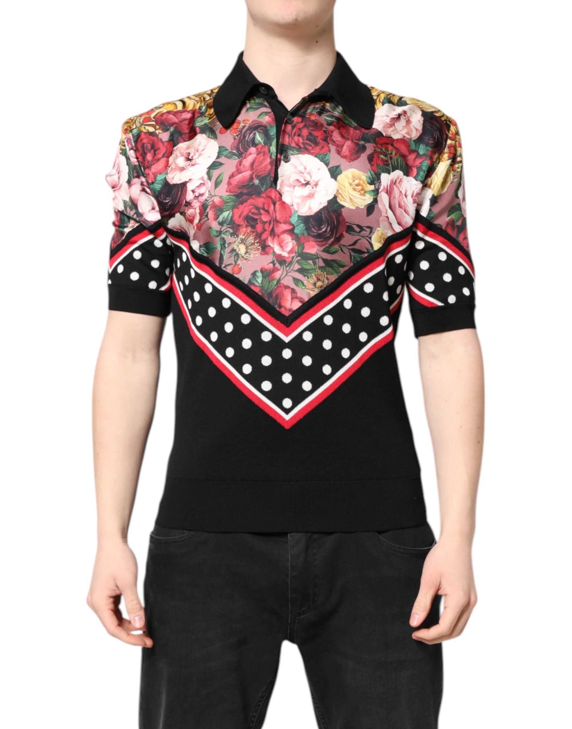 Dolce &amp; Gabbana – Schwarzes, kurzärmliges T-Shirt mit Blumenkragen