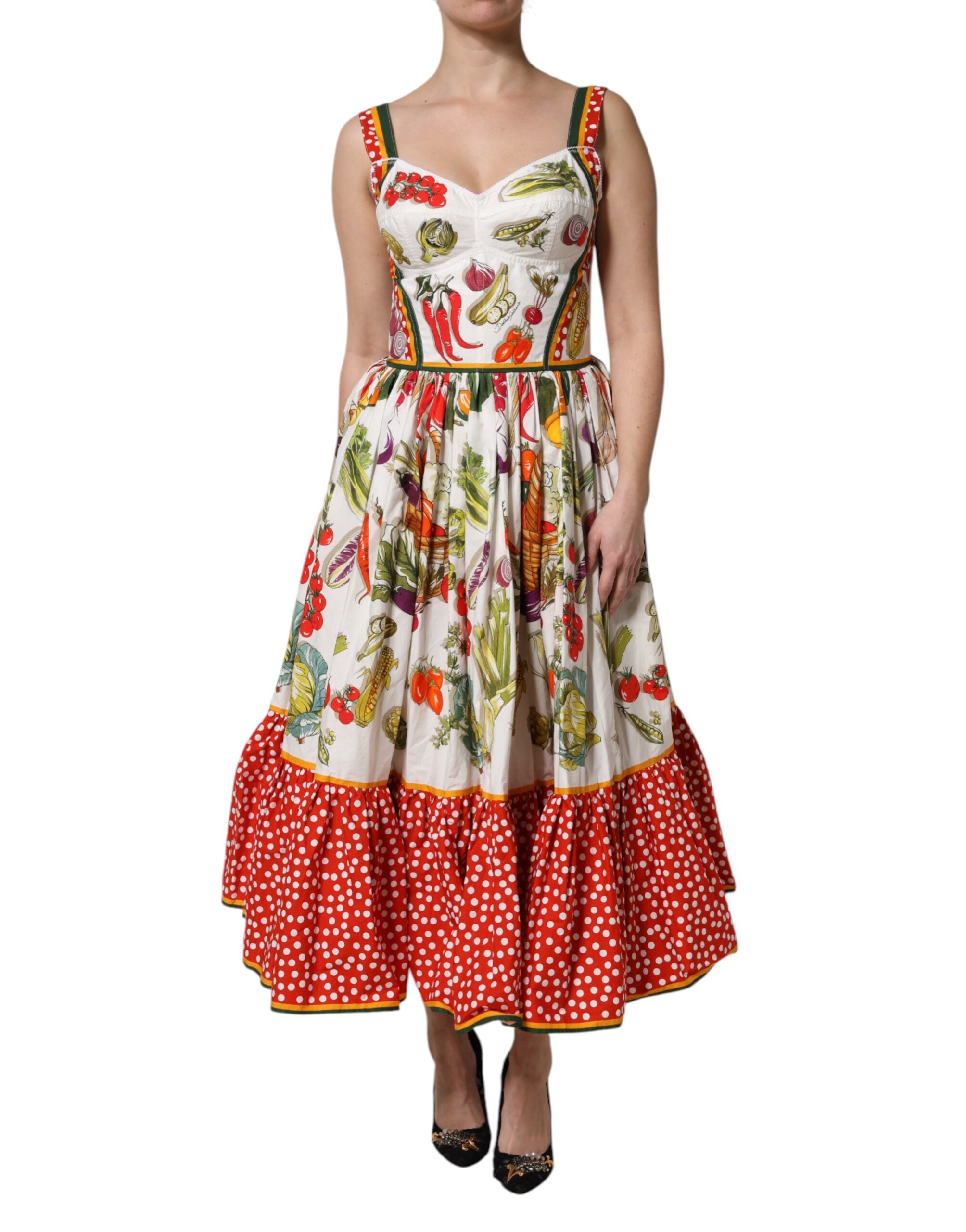 Rochie midi fără mâneci, în formă de A, cu imprimeu de legume albe Dolce &amp; Gabbana