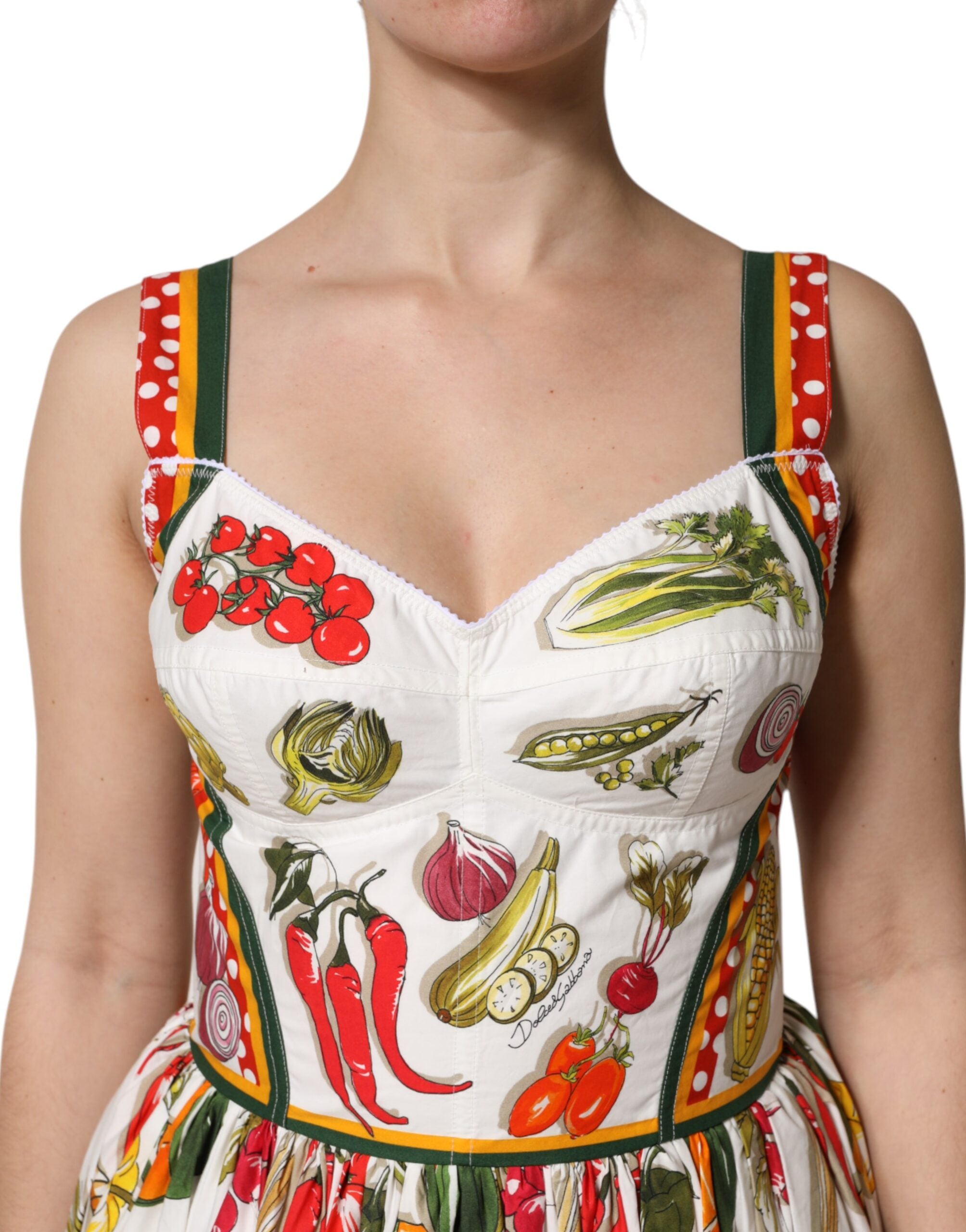 Rochie midi fără mâneci, în formă de A, cu imprimeu de legume albe Dolce &amp; Gabbana
