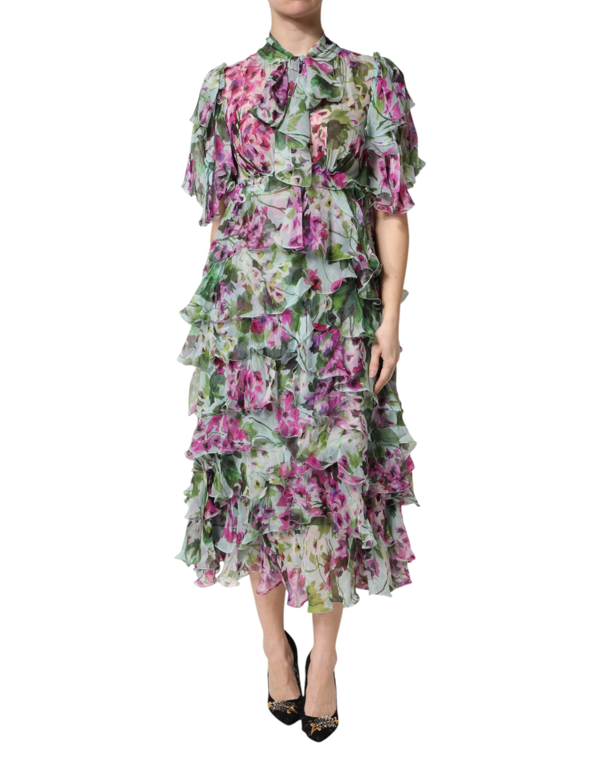 Rochie midi stratificată din mătase florală multicoloră Dolce &amp; Gabbana