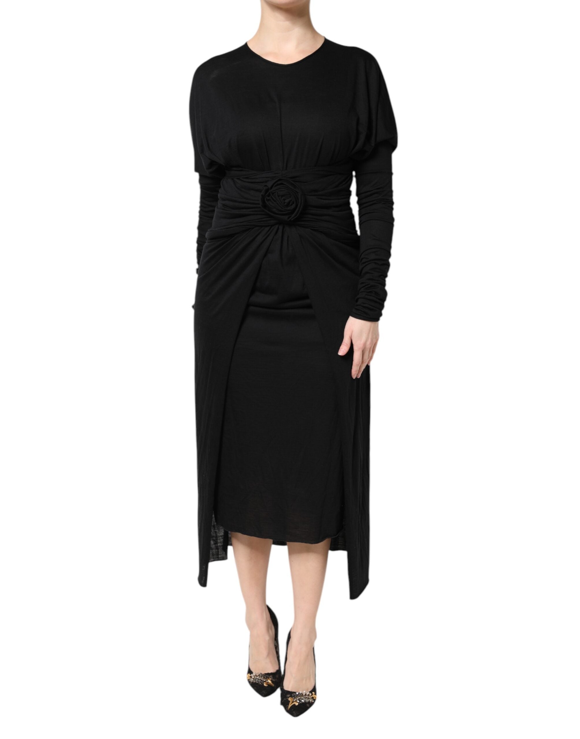 Rochie midi cu mâneci lungi din lână neagră Dolce &amp; Gabbana