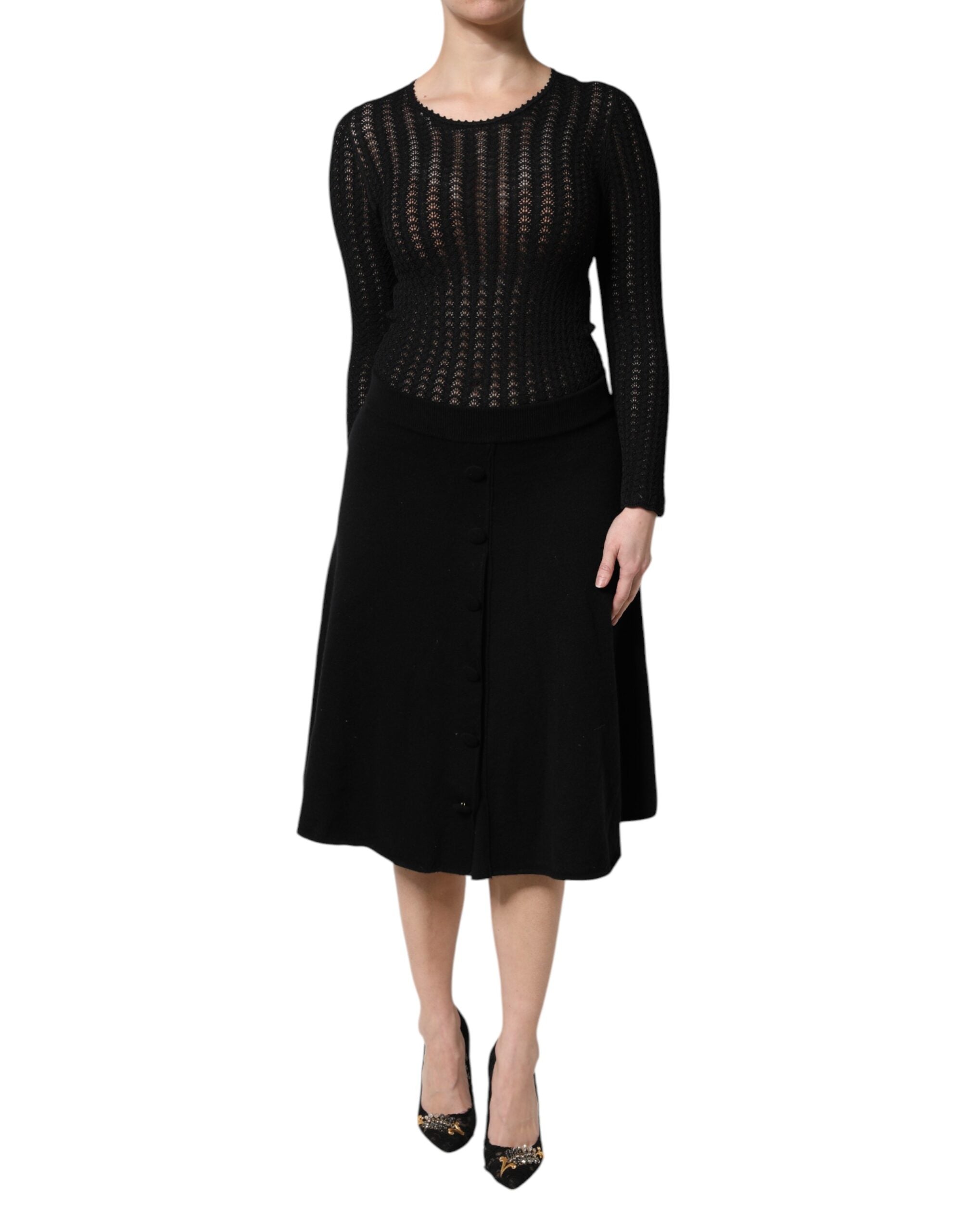 Rochie midi Dolce &amp; Gabbana neagră din cașmir cu mâneci lungi, cu model A