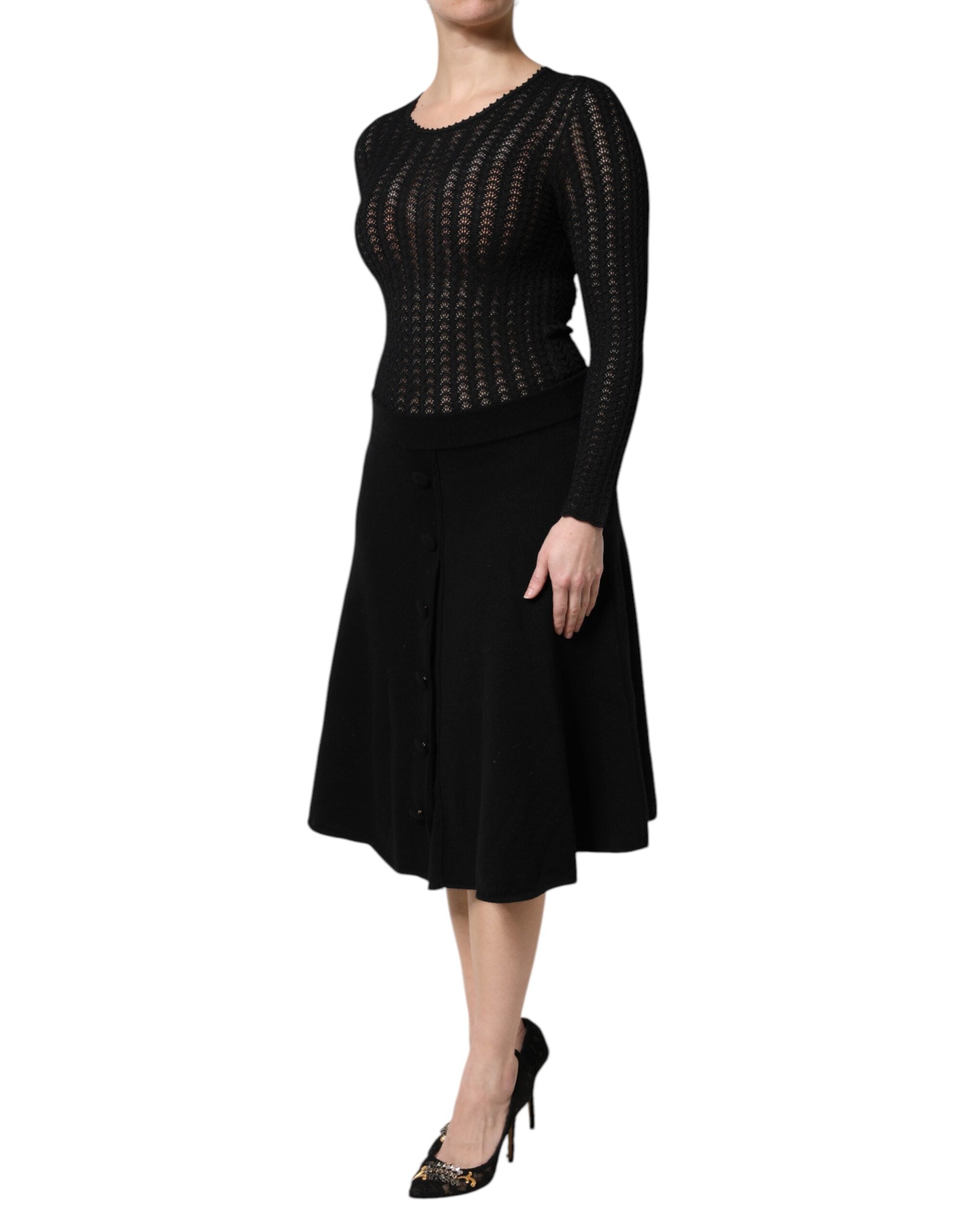 Rochie midi Dolce &amp; Gabbana neagră din cașmir cu mâneci lungi, cu model A
