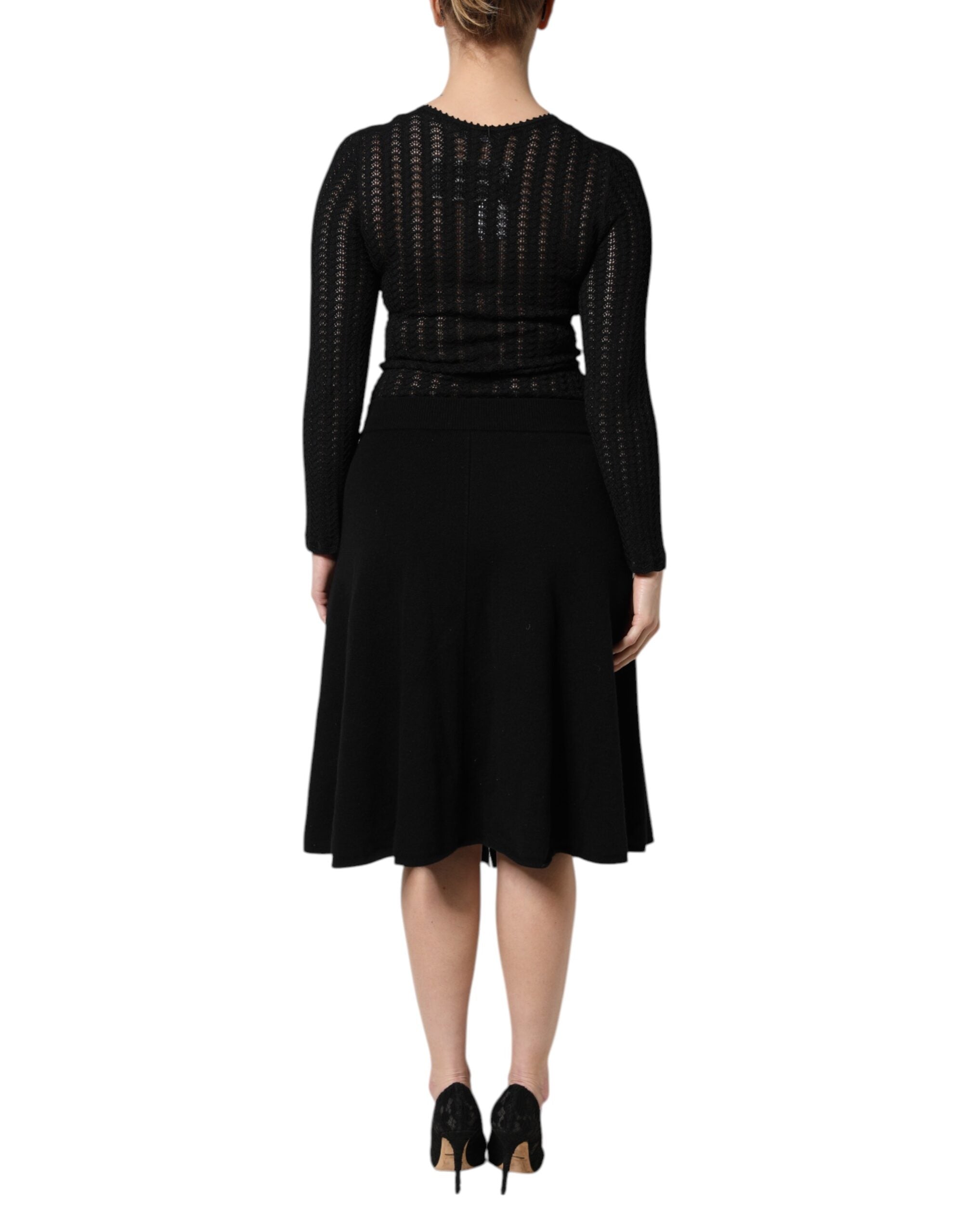 Rochie midi Dolce &amp; Gabbana neagră din cașmir cu mâneci lungi, cu model A