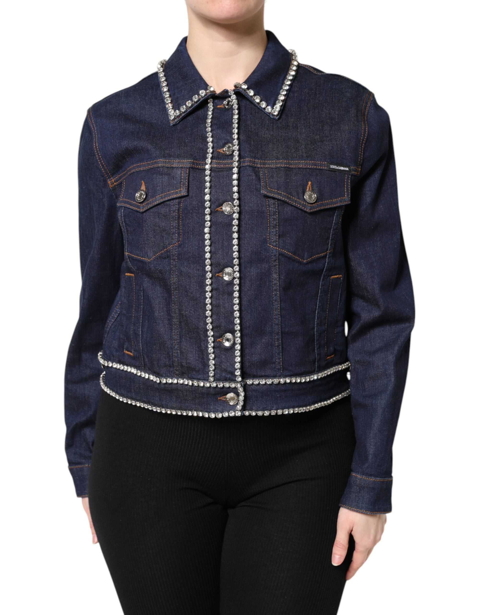 Dolce &amp; Gabbana – Blaue Denim-Baumwolljacke mit Kristallverzierung