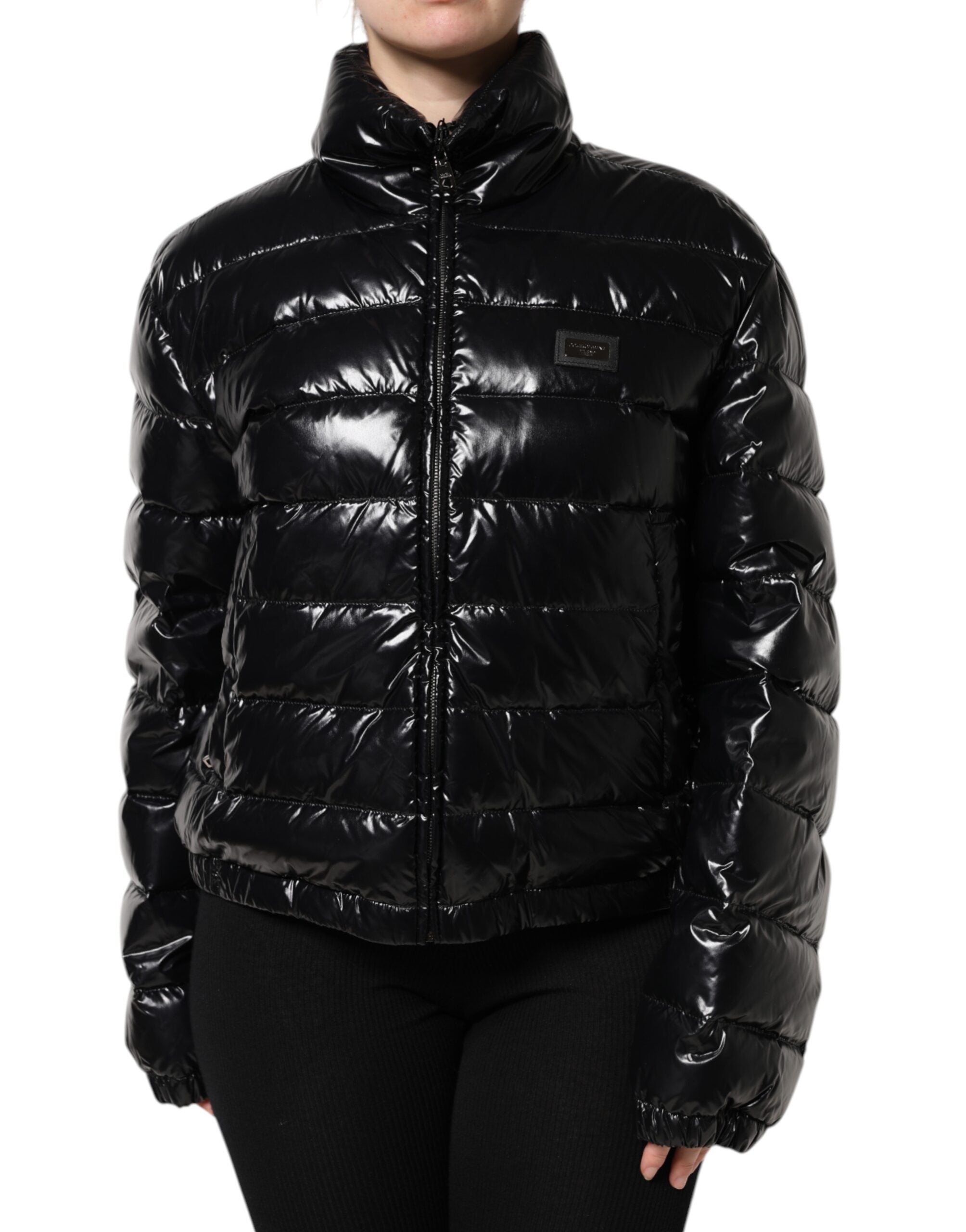 Dolce &amp; Gabbana – Pufferjacke mit durchgehendem Reißverschluss und schwarzem Logo-Schild