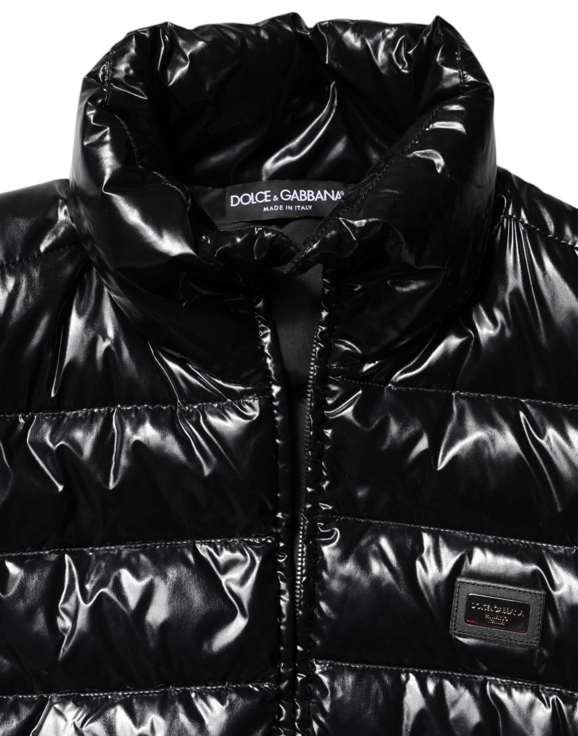 Dolce &amp; Gabbana – Pufferjacke mit durchgehendem Reißverschluss und schwarzem Logo-Schild