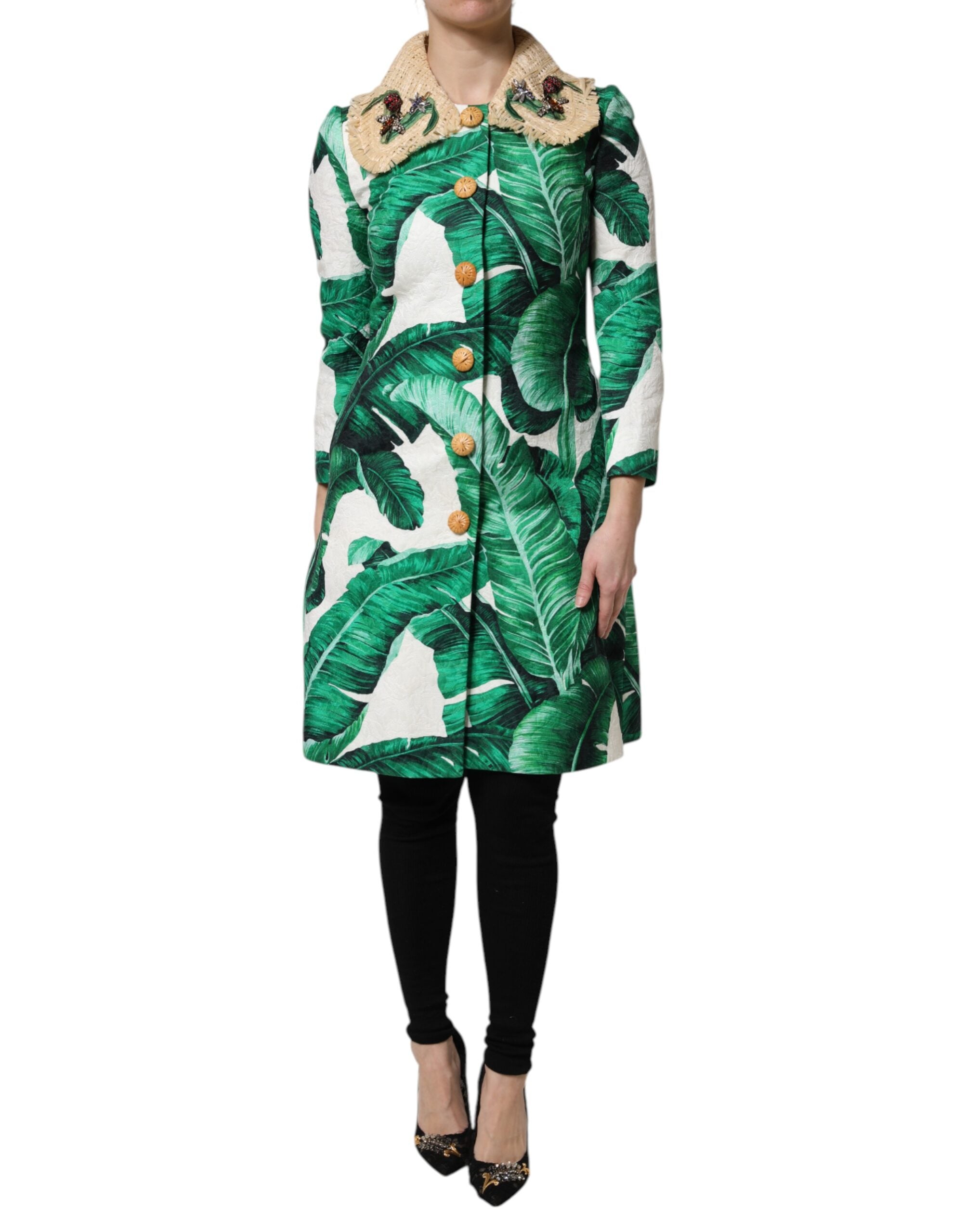 Dolce &amp; Gabbana – Trenchcoat-Jacke mit mehrfarbigem Blattdruck und Verzierung