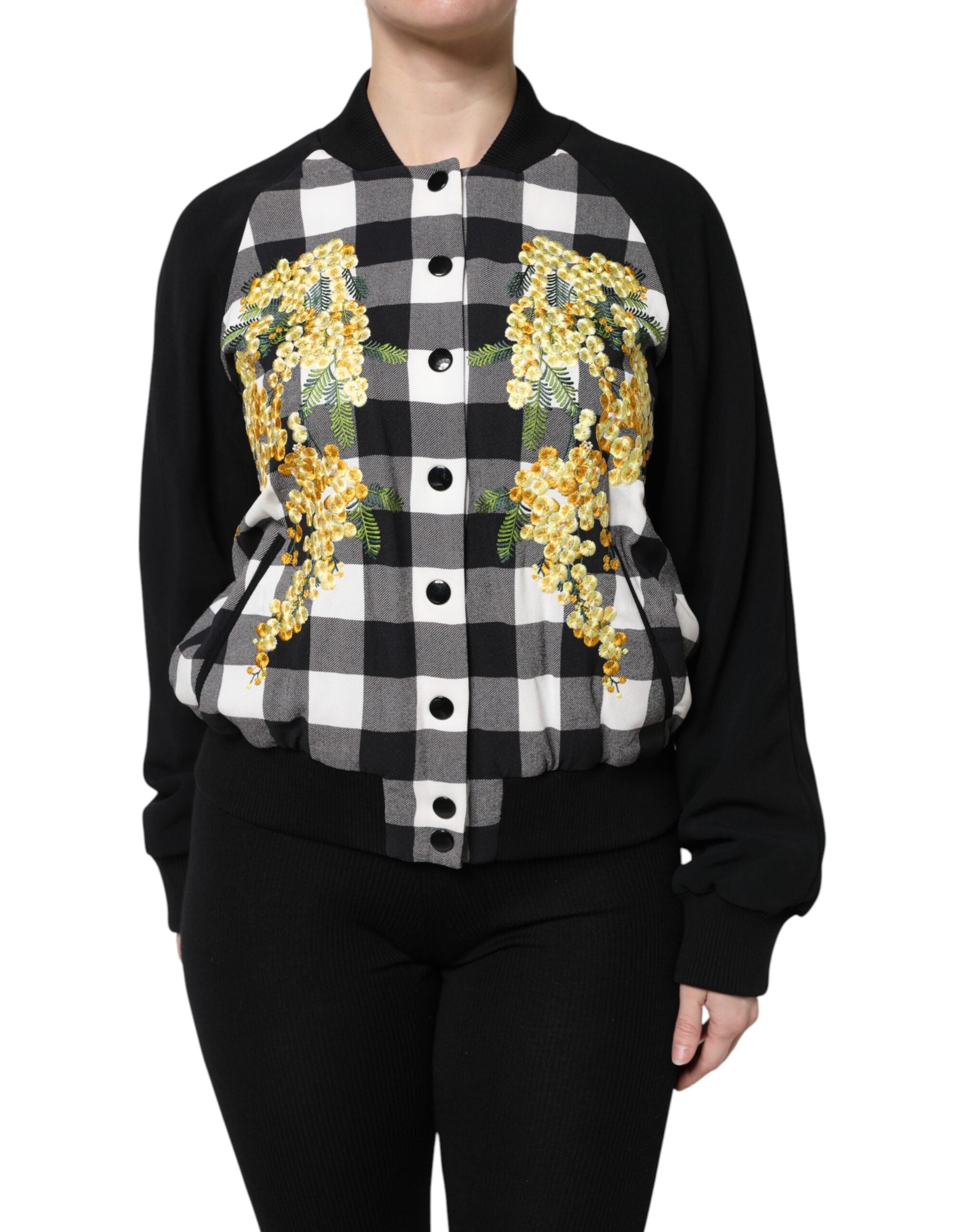Dolce &amp; Gabbana – Schwarz-weiß karierte Button-Down-Jacke mit Blumenmuster