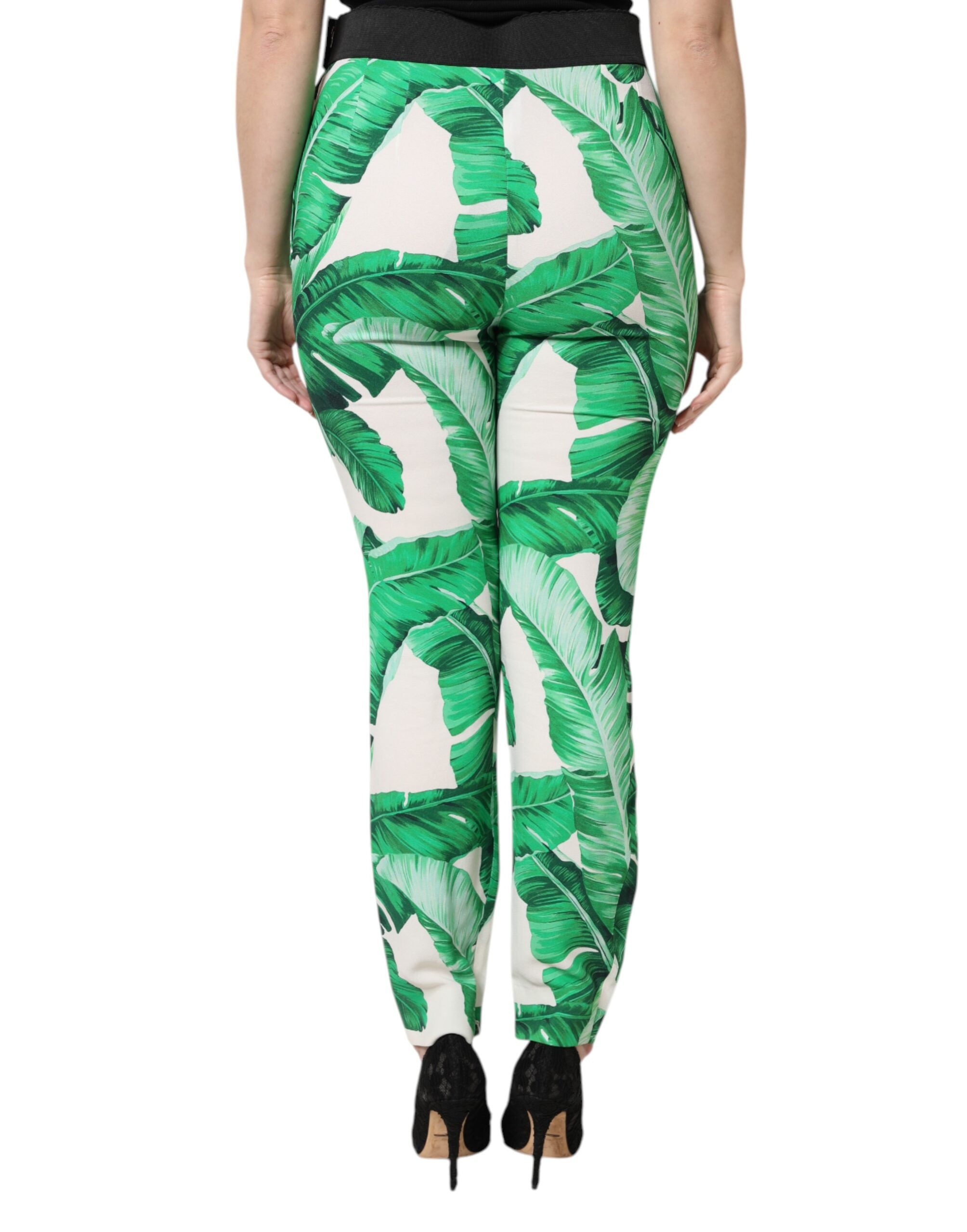 Dolce &amp; Gabbana – Weiße Hose mit grünem Blattmuster und hoher Taille