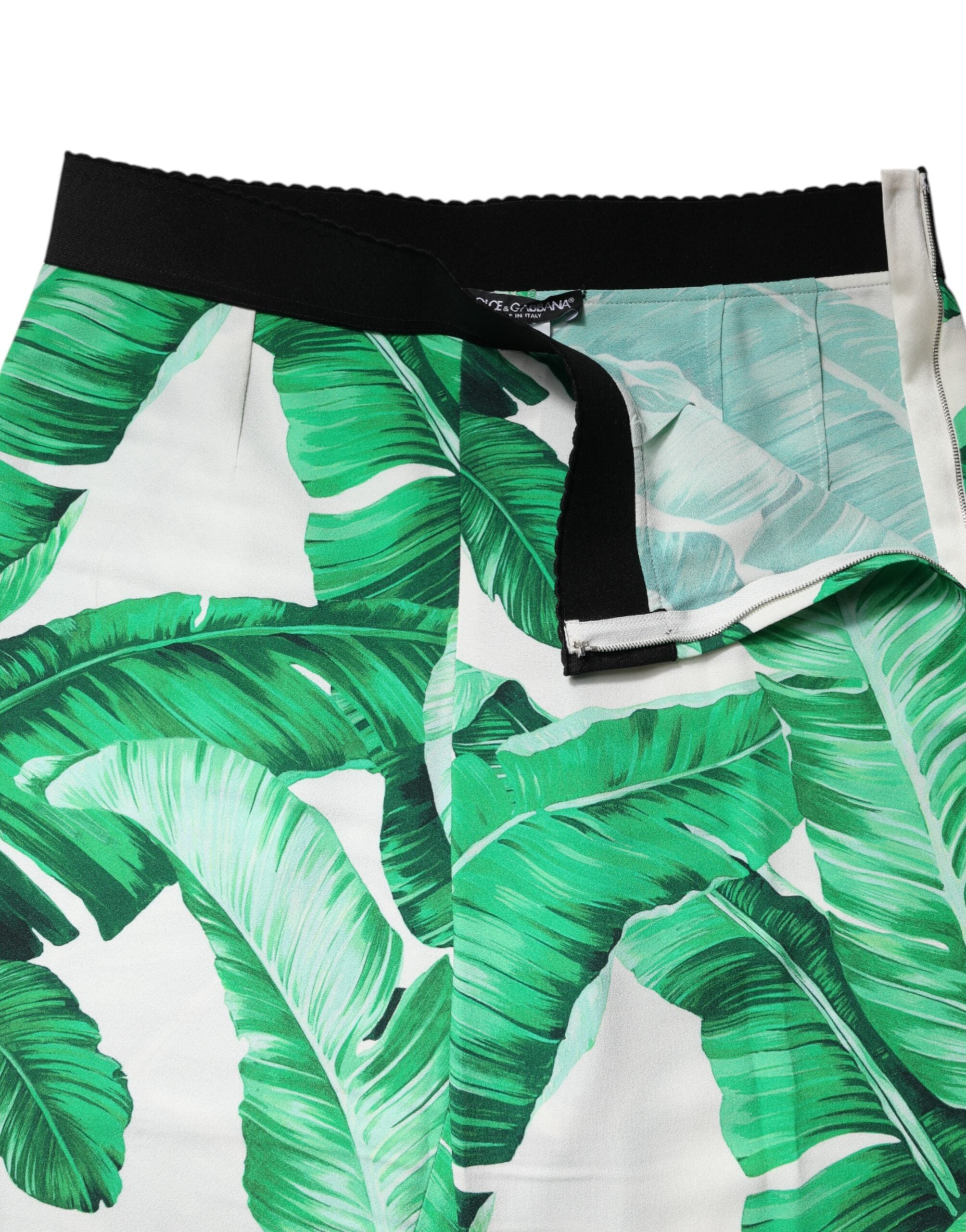Dolce &amp; Gabbana – Weiße Hose mit grünem Blattmuster und hoher Taille