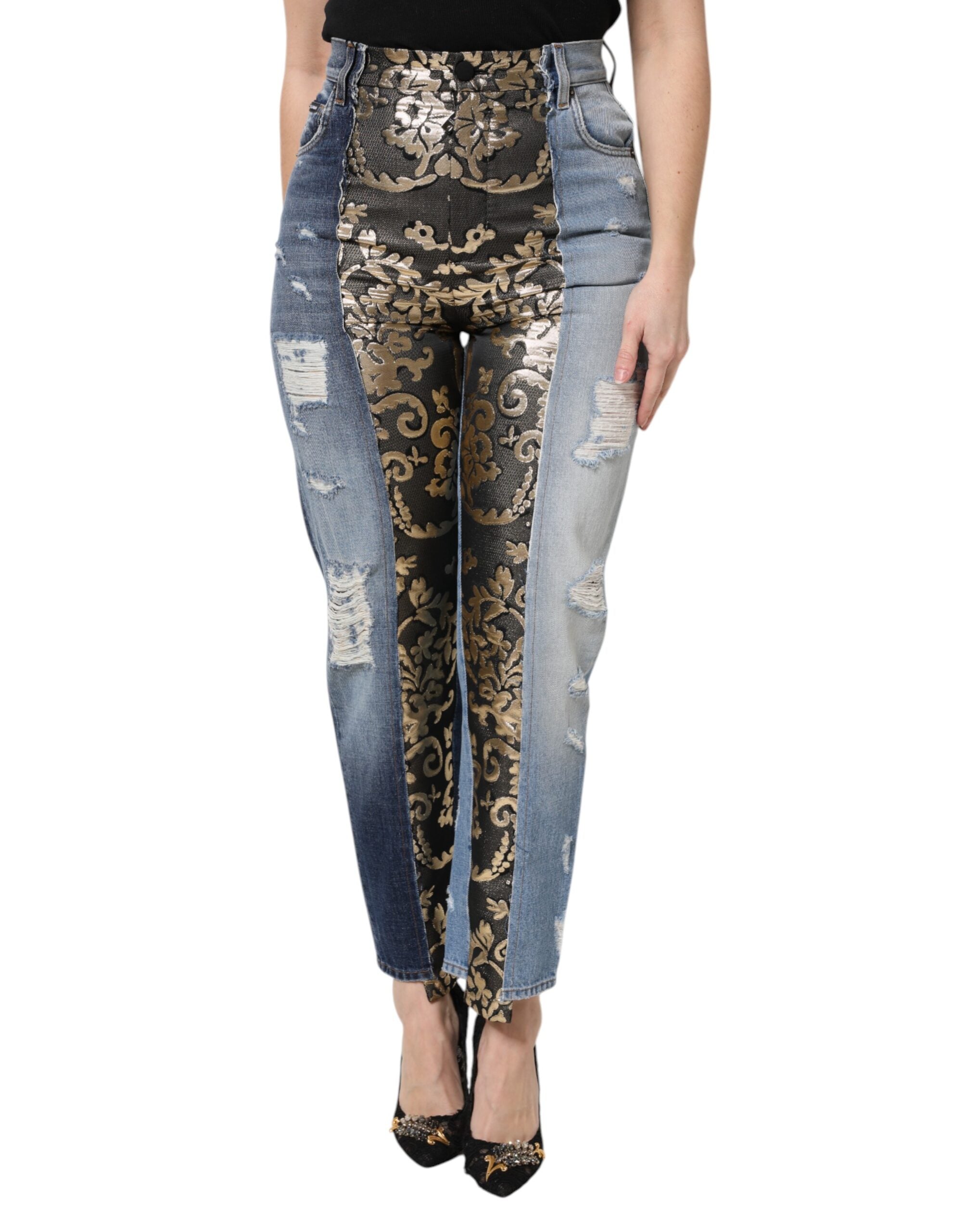 Blugi Dolce &amp; Gabbana din denim cu talie înaltă, cu imprimeu patchwork multicolor
