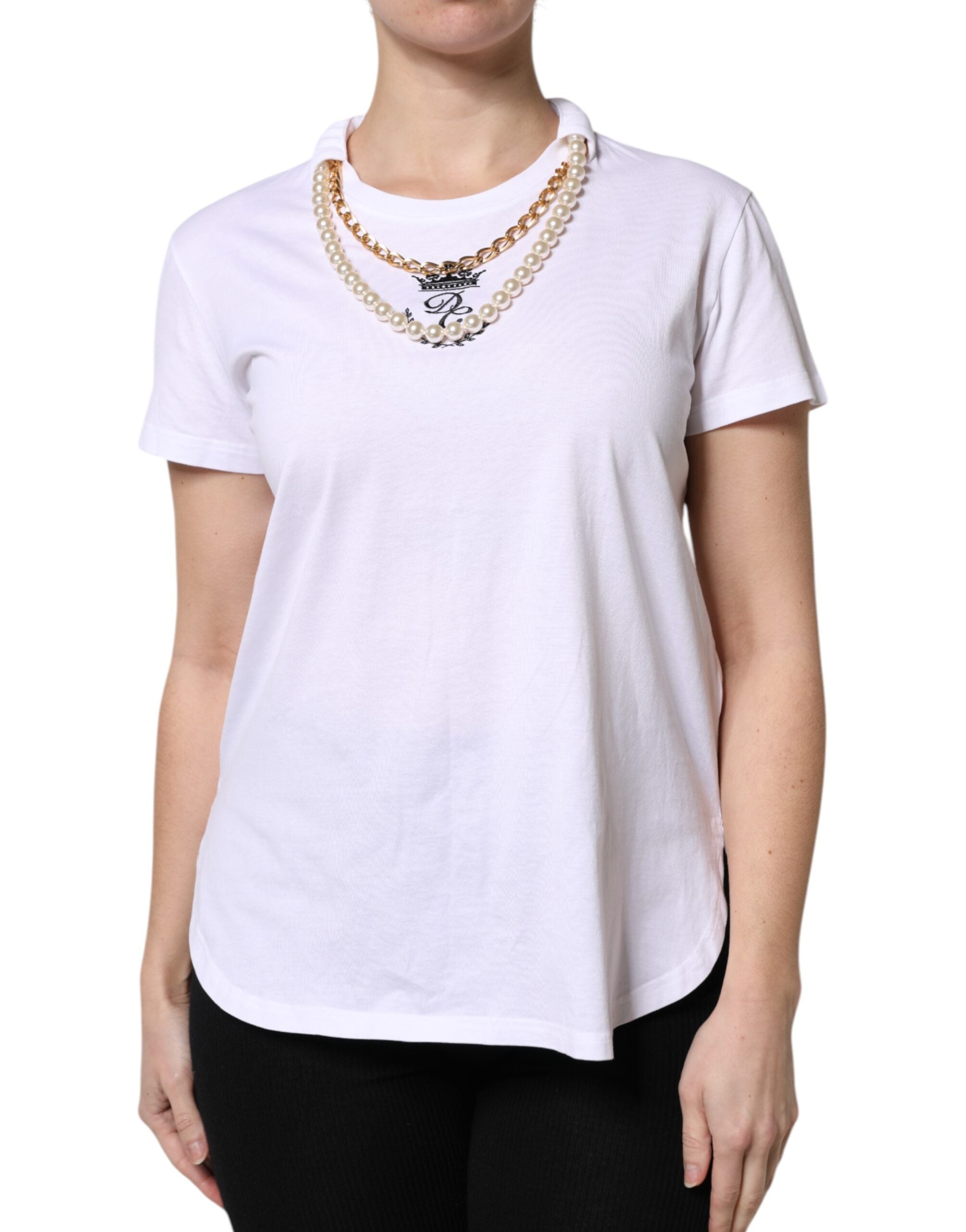 Tricou Dolce &amp; Gabbana cu guler rotund din bumbac și perle albe