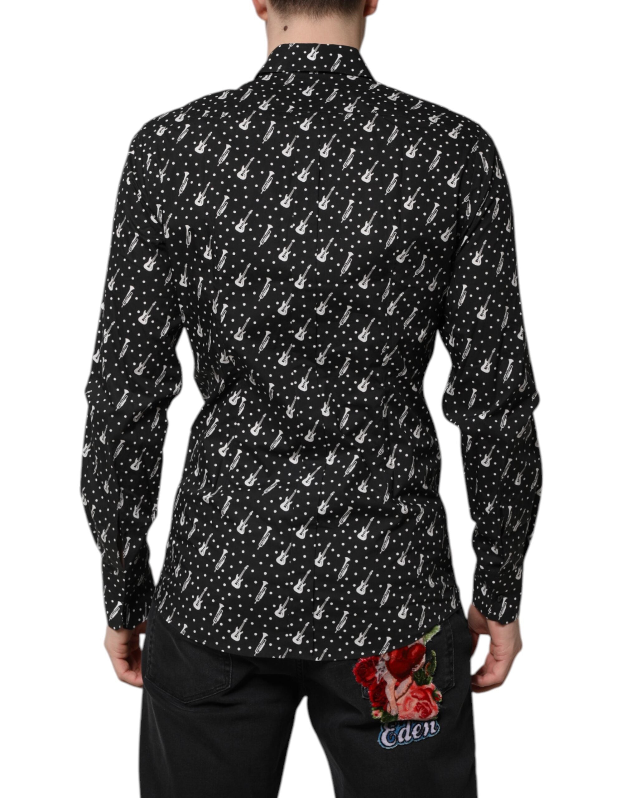 Dolce &amp; Gabbana Schwarzes, mit GOLD verziertes Hemd mit Instrumenten