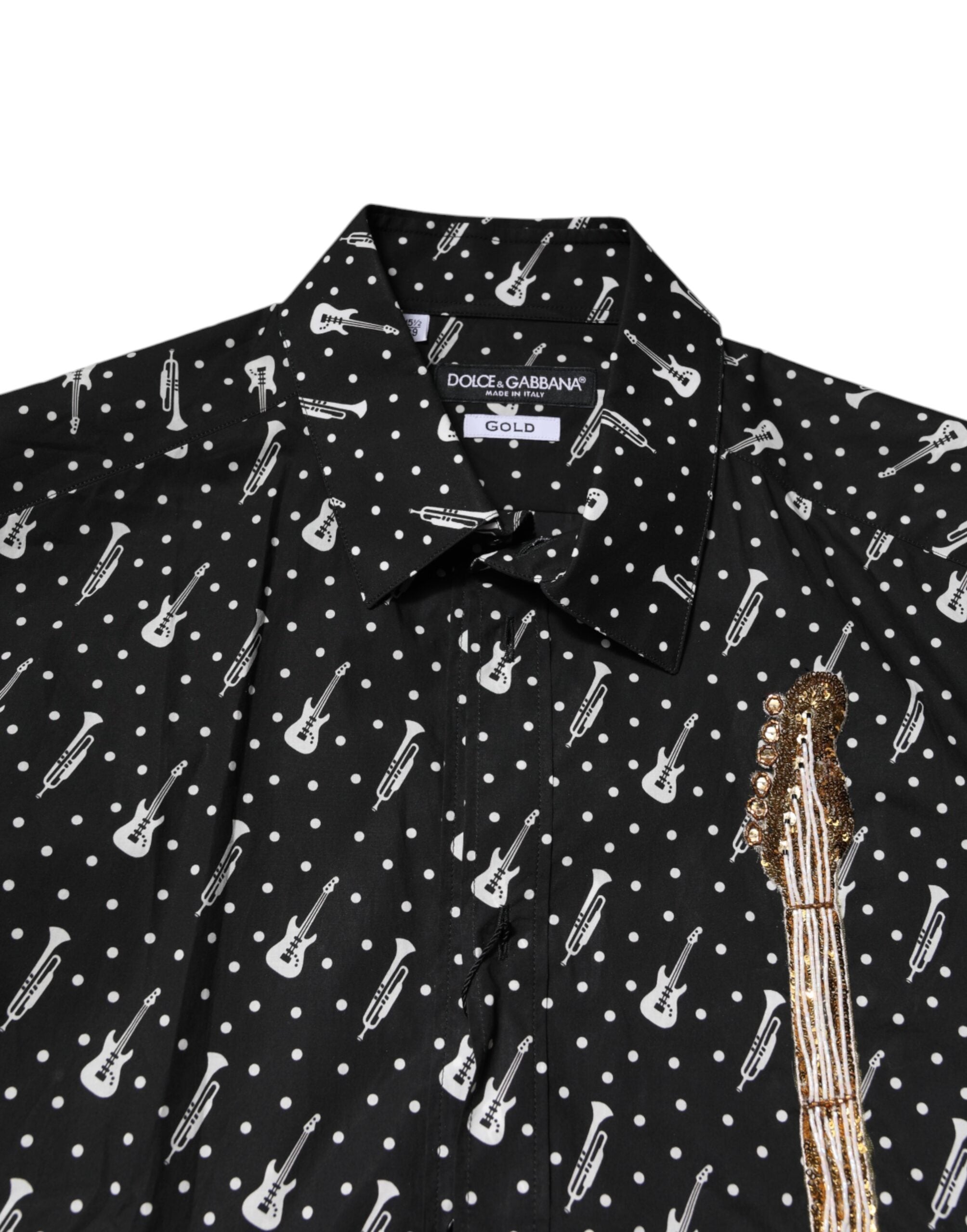 Dolce &amp; Gabbana Schwarzes, mit GOLD verziertes Hemd mit Instrumenten