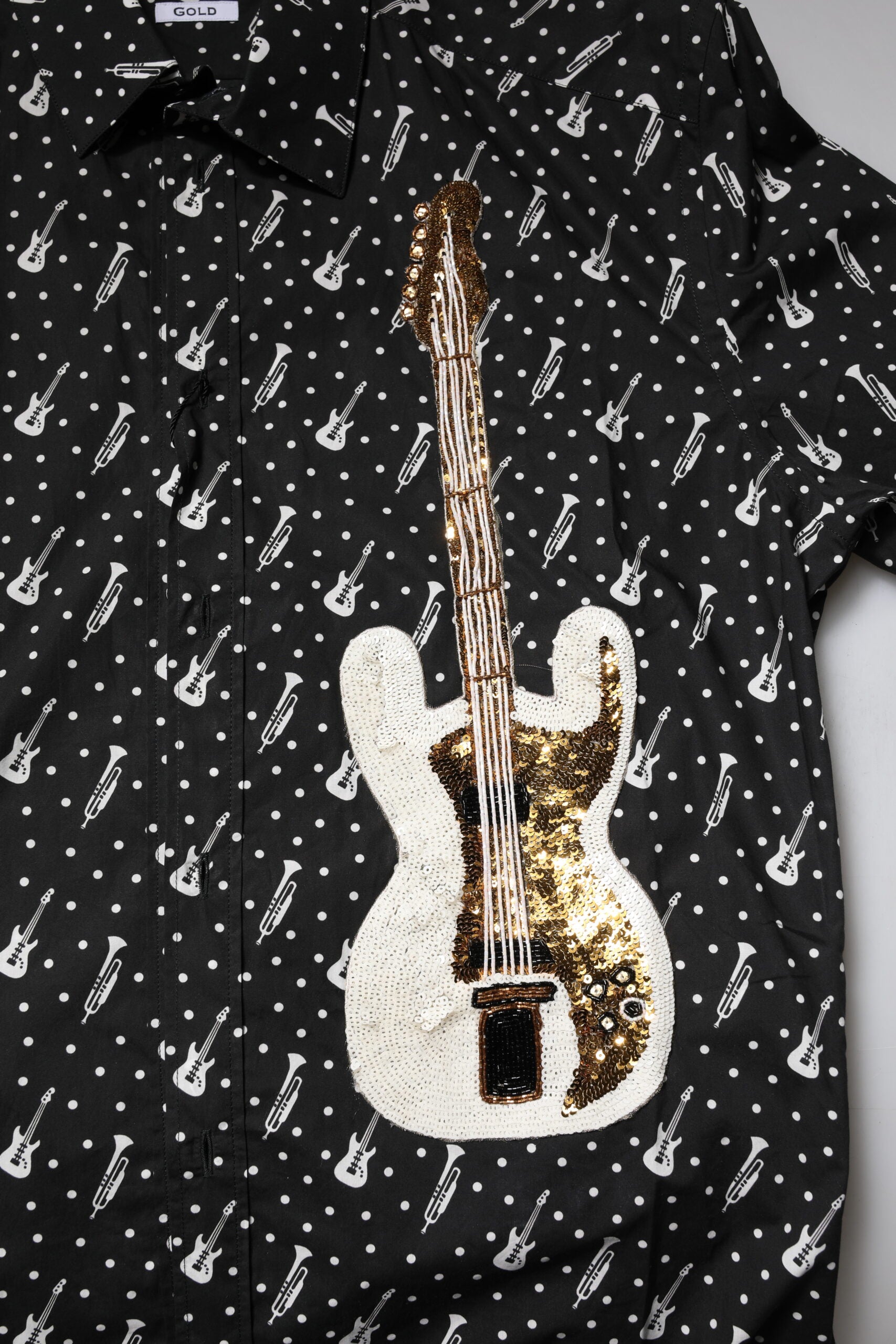 Dolce &amp; Gabbana Schwarzes, mit GOLD verziertes Hemd mit Instrumenten
