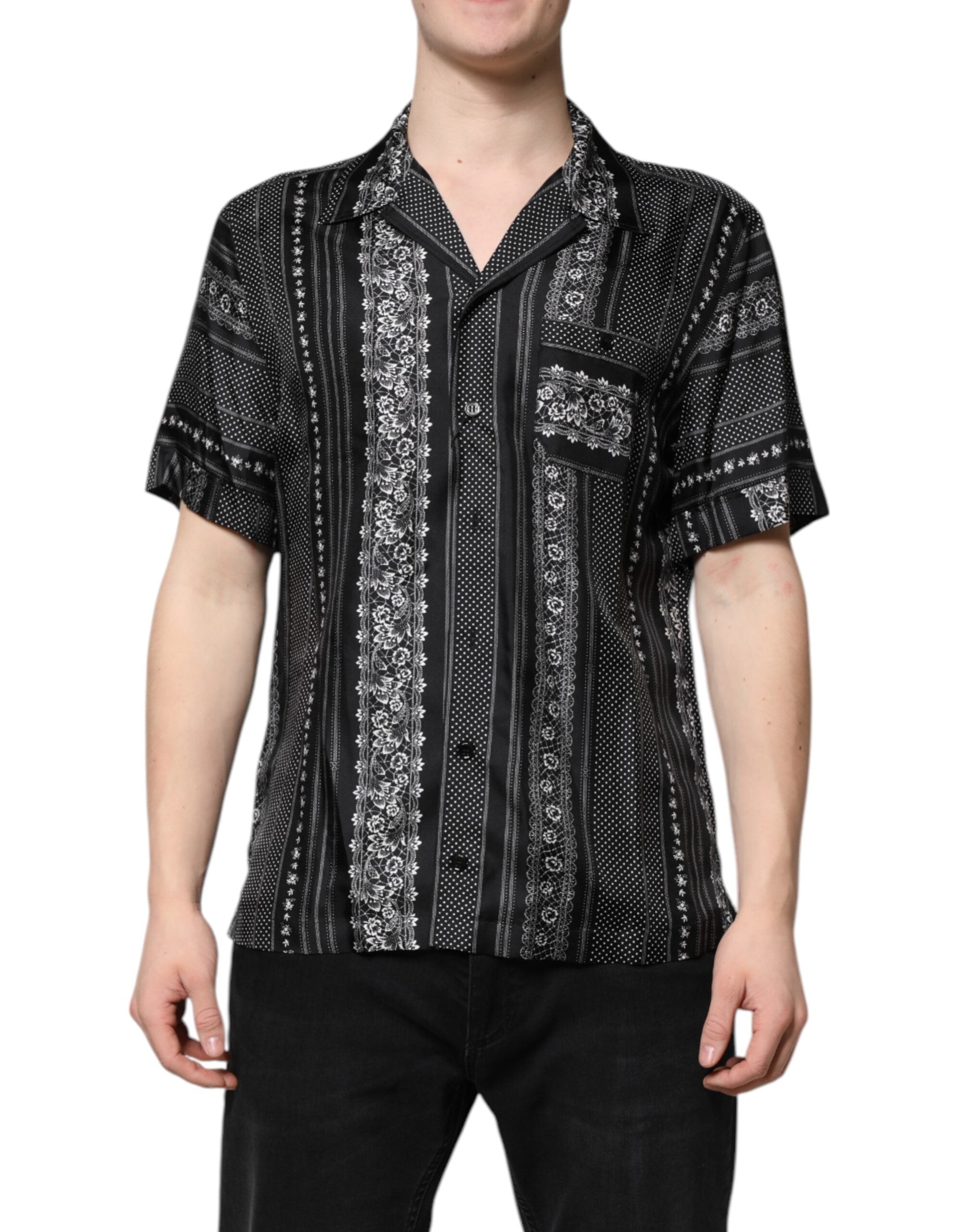 Dolce &amp; Gabbana – Schwarzes, kurzärmliges Seidenhemd mit Blumendruck