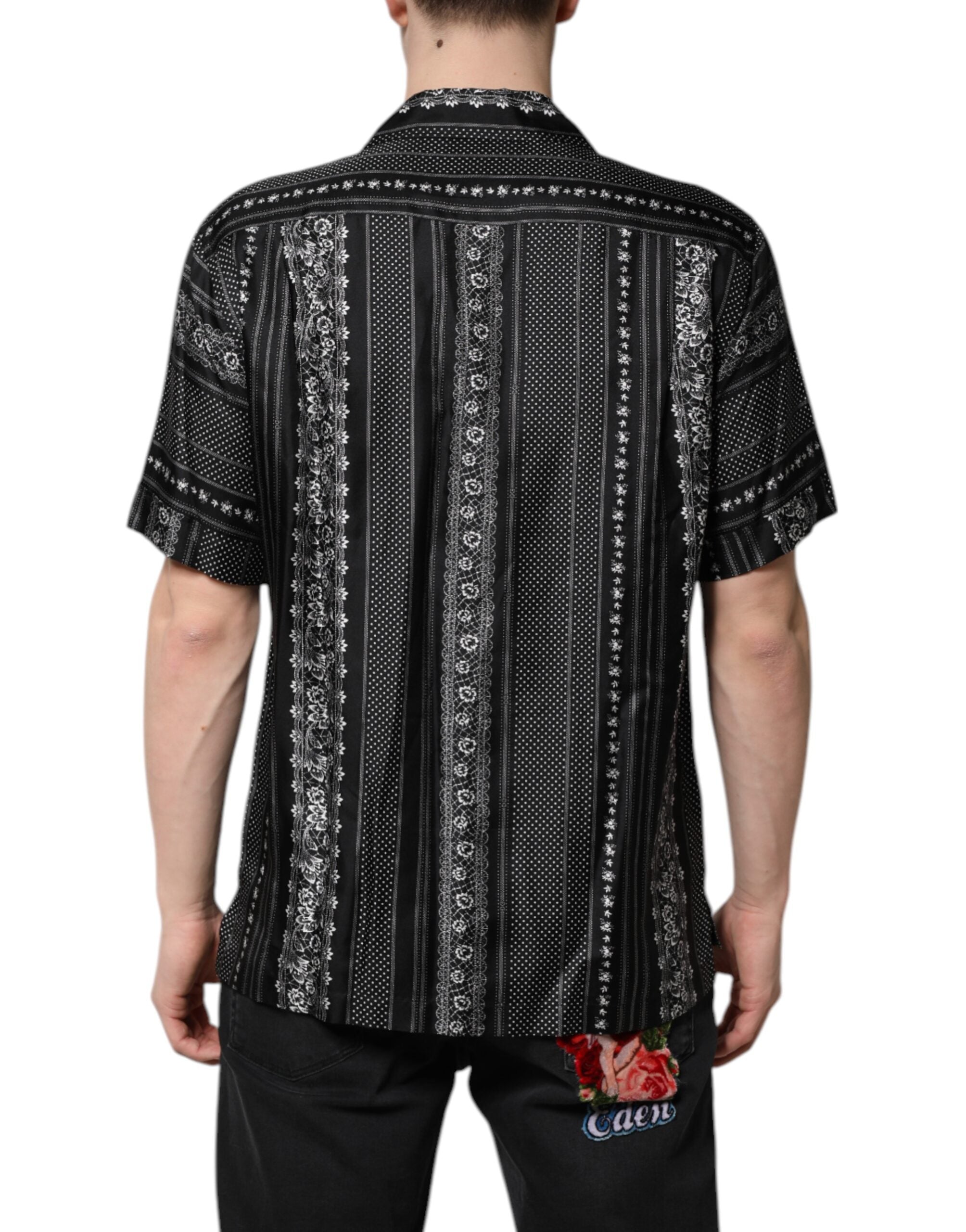 Dolce &amp; Gabbana – Schwarzes, kurzärmliges Seidenhemd mit Blumendruck