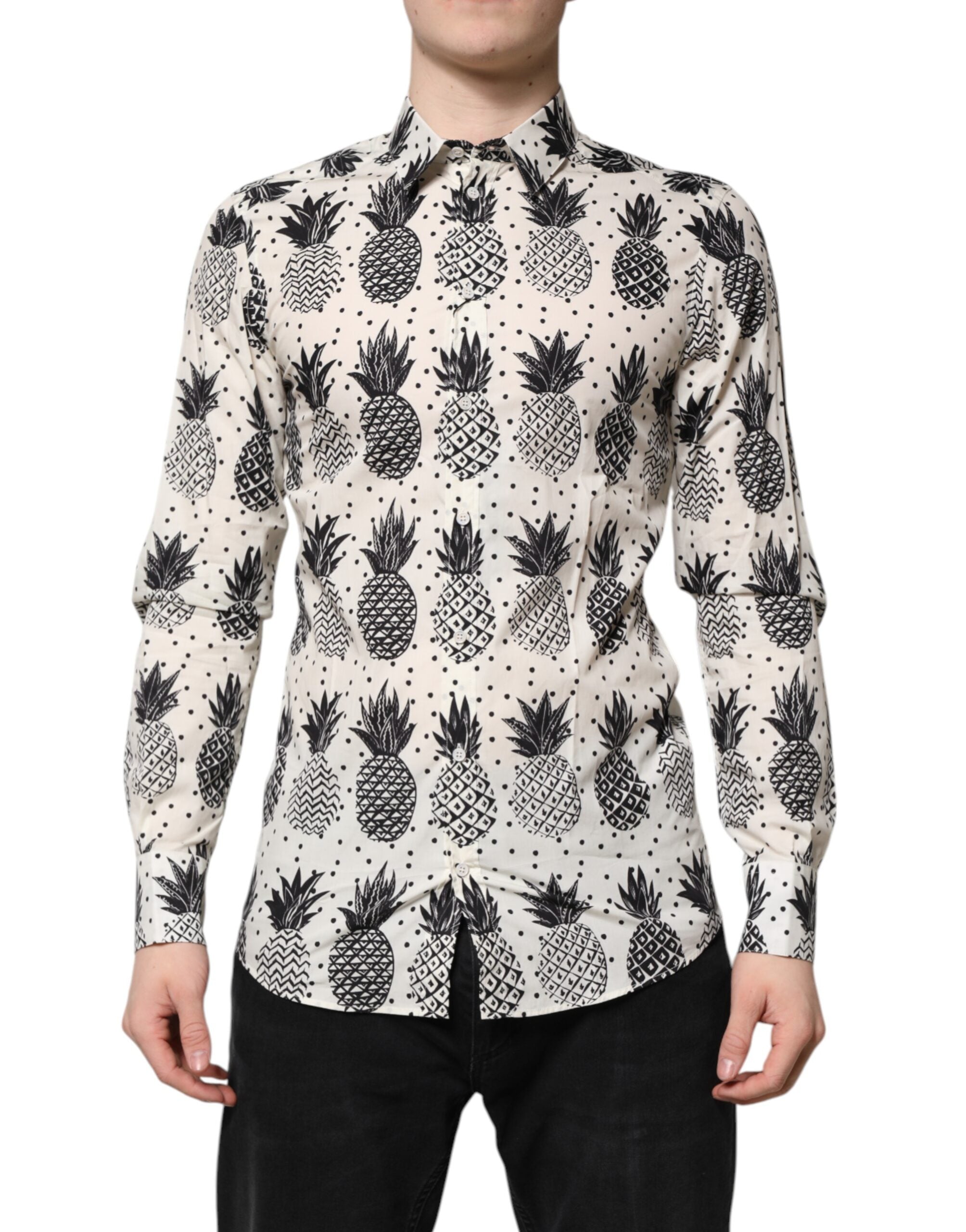 Dolce &amp; Gabbana – Langärmliges GOLD-Hemd mit Ananas-Print in Weiß