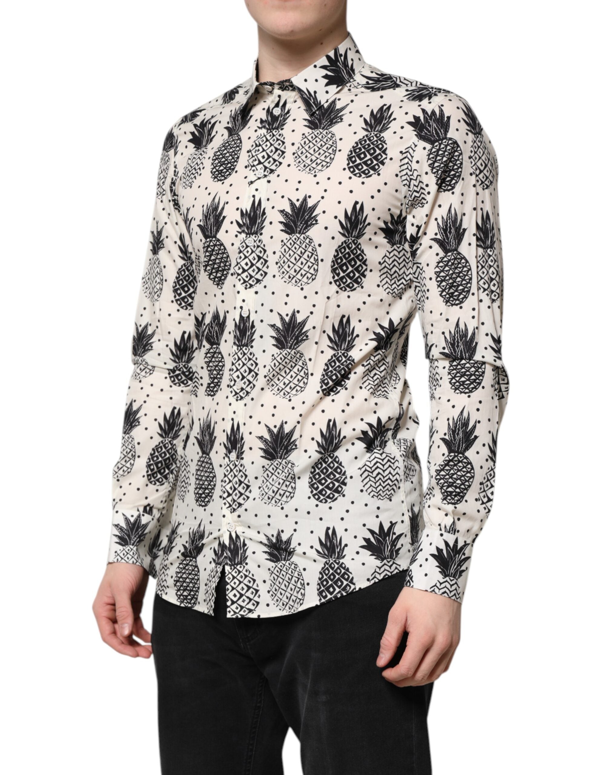 Dolce &amp; Gabbana – Langärmliges GOLD-Hemd mit Ananas-Print in Weiß