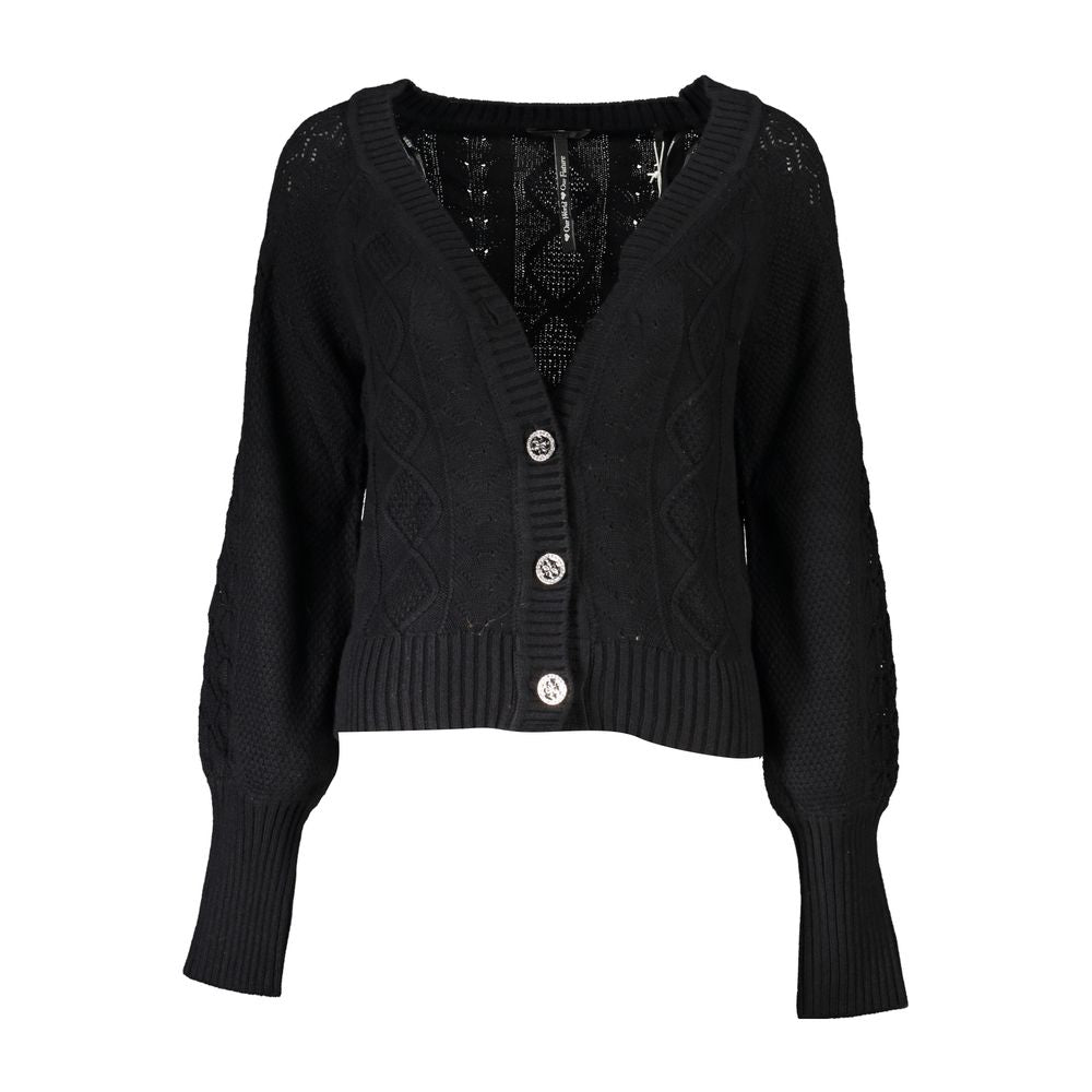 Guess Jeans – Elegante, langärmlige schwarze Strickjacke mit Kontrastdetails