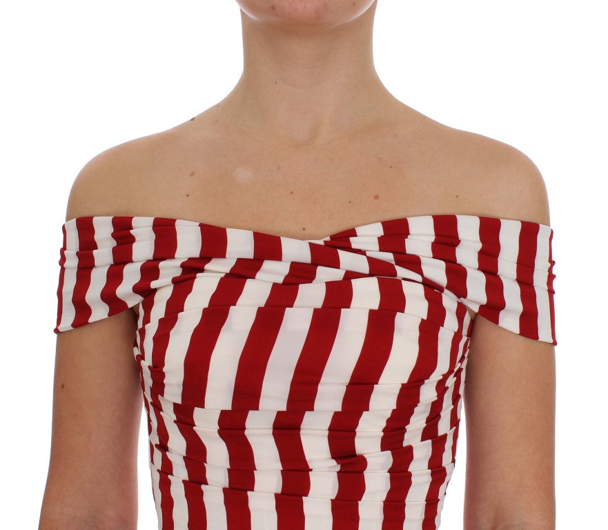 Dolce &amp; Gabbana – Elegantes, rot-weiß gestreiftes, figurbetontes Seidenkleid